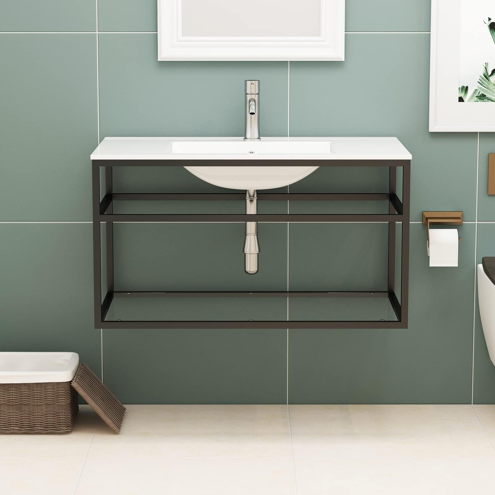 wonline 36 inch Console Bathroom Sink, White Ceramic Vanity Basin with Faucet…