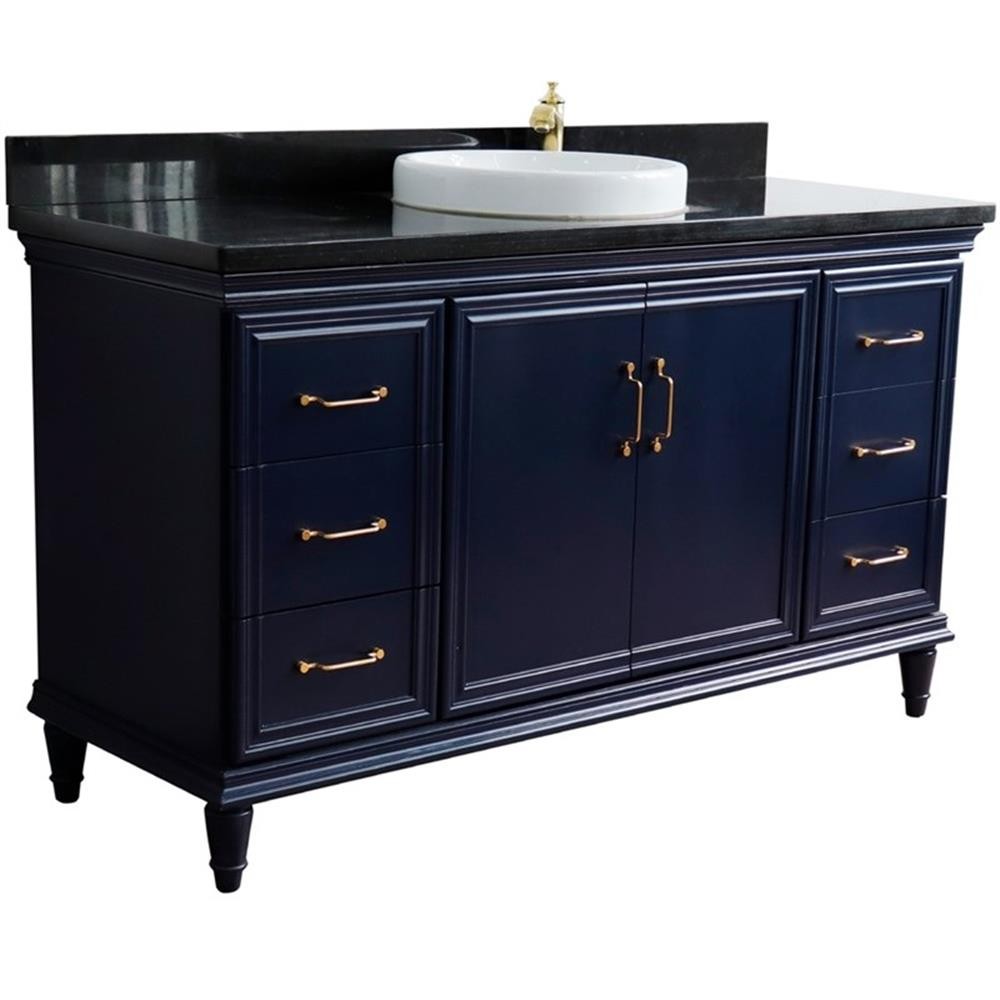 61 in. Single Wooden Vanity Blue Black Galaxy Granite Round Sink