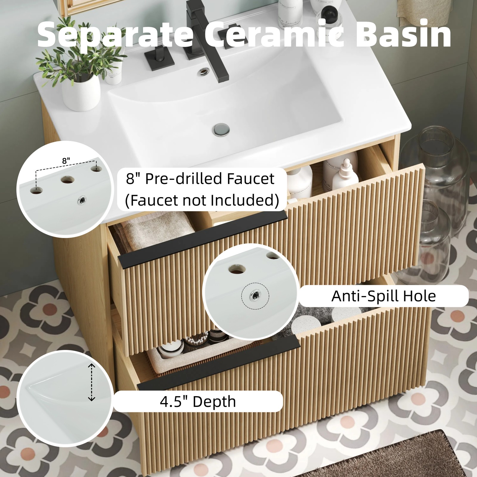 30″ Bathroom Vanity with Ceramic Sink, Soft Close Drawers, Fluted Design