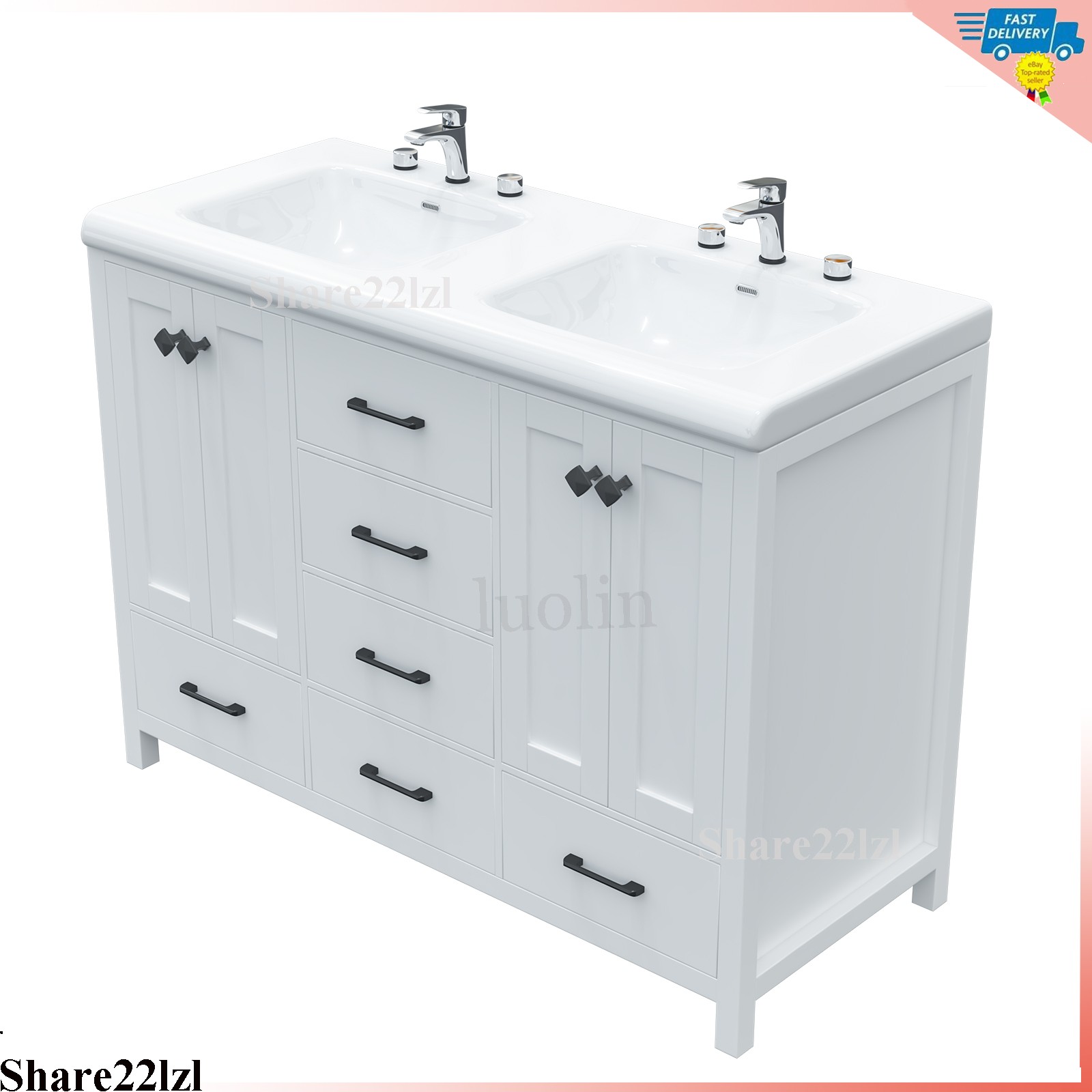 47″ Bathroom Vanity With Double Sink Ceramic Storage Cabinet without Faucet New