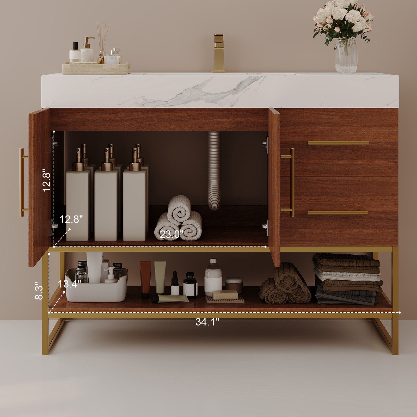 36″ Modern Bathroom Vanity w/Seamless Ceramic Sink & Sintered Stone Top Walnut