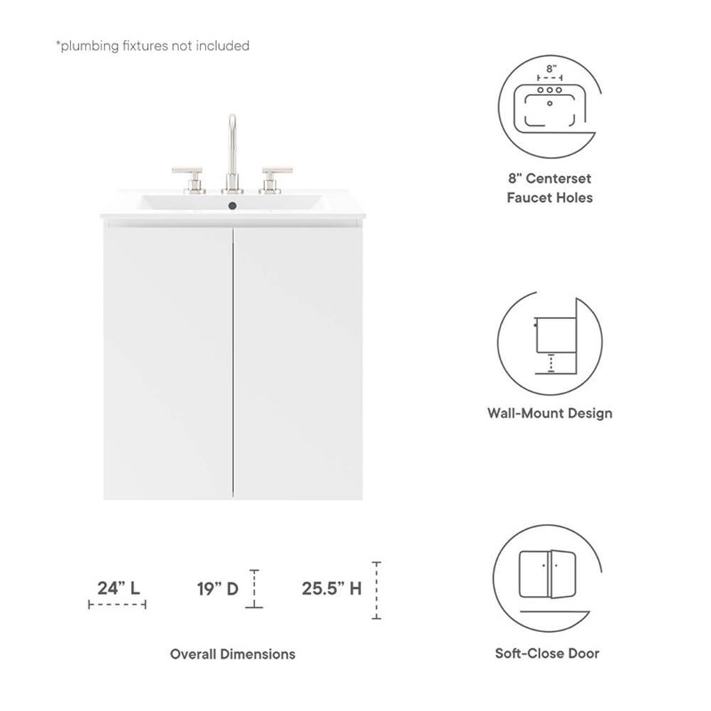 Modway Bryn 24″ Modern Wood/Ceramic Wall-Mount Bathroom Vanity in White