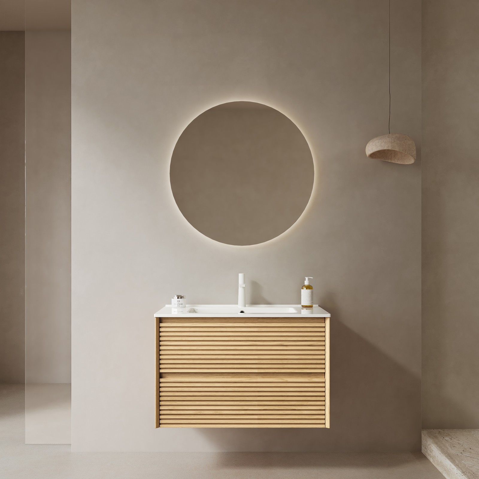 30″ Floating Bathroom Vanity with Ceramic Sink, Corolla Oak Woodgrain