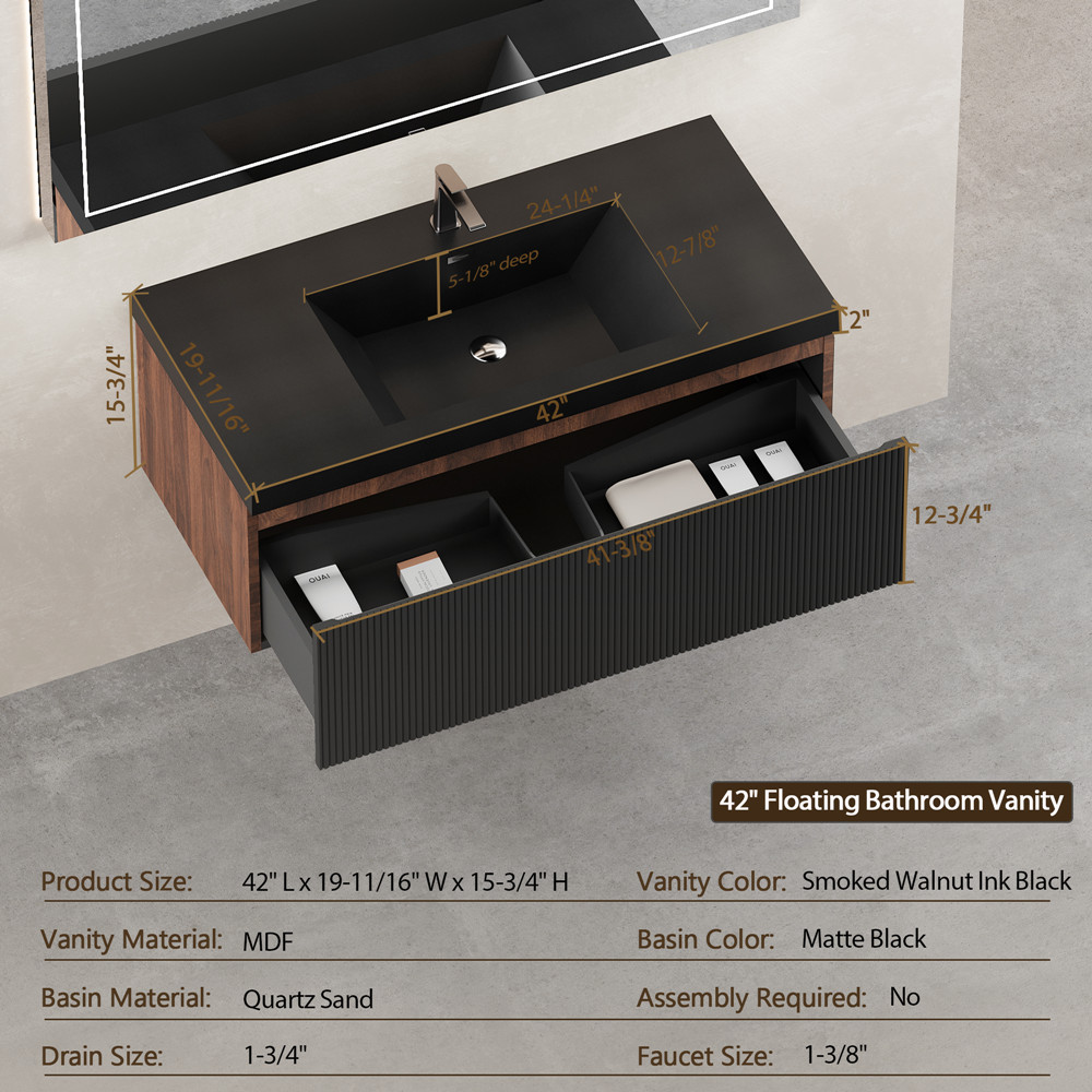42″ Wall Mounted Bathroom Vanity w/Black Sink, Floating Vanity Cabinet, Drawer