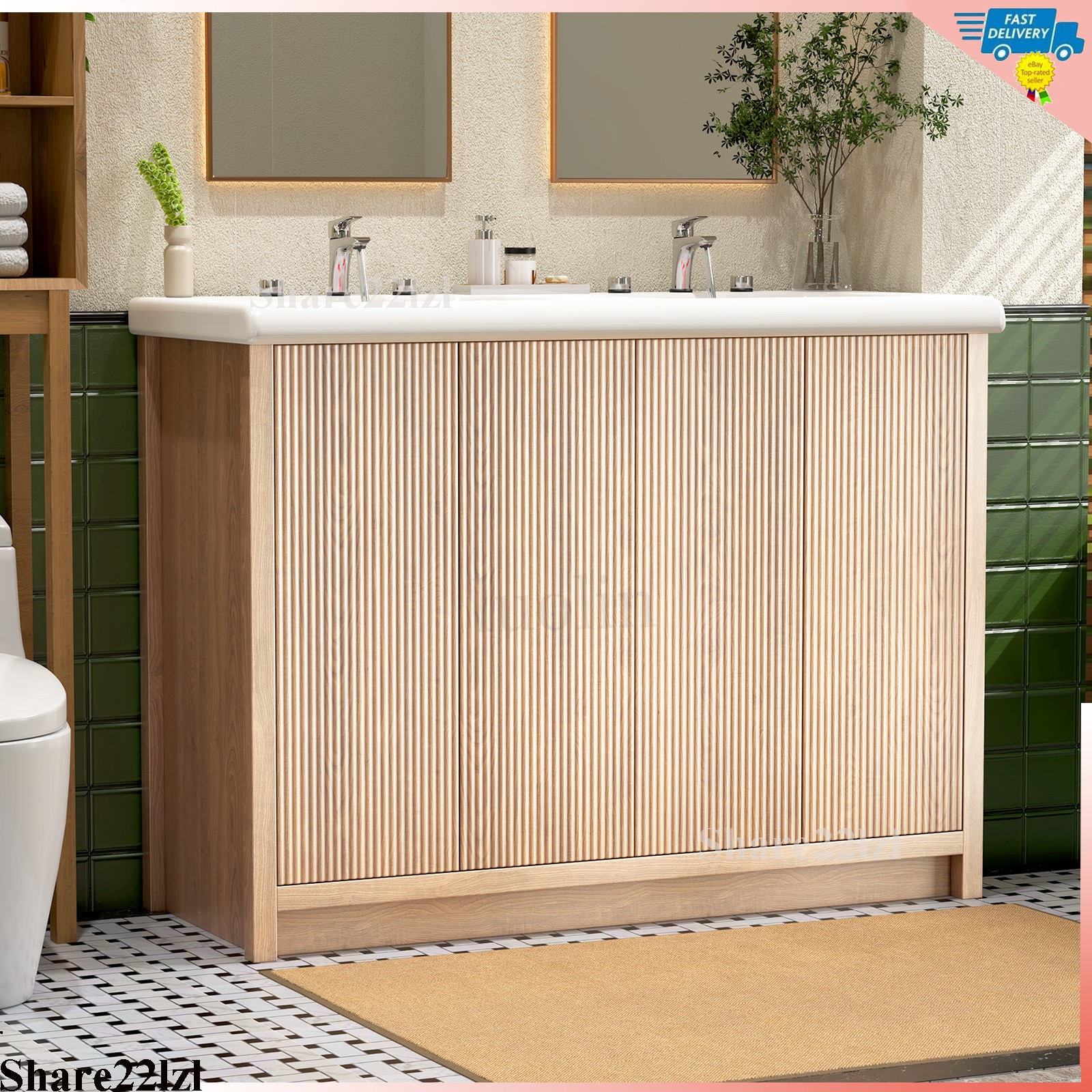 47″ Bathroom Vanity with Double Ceramic Sink, Modern Storage Cabinet with Doors