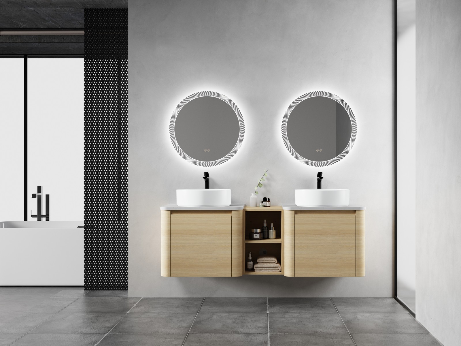 60 in Floating Bathroom Vanity Cabinet 2x White Ceramic Sink Basin +Open Shelves