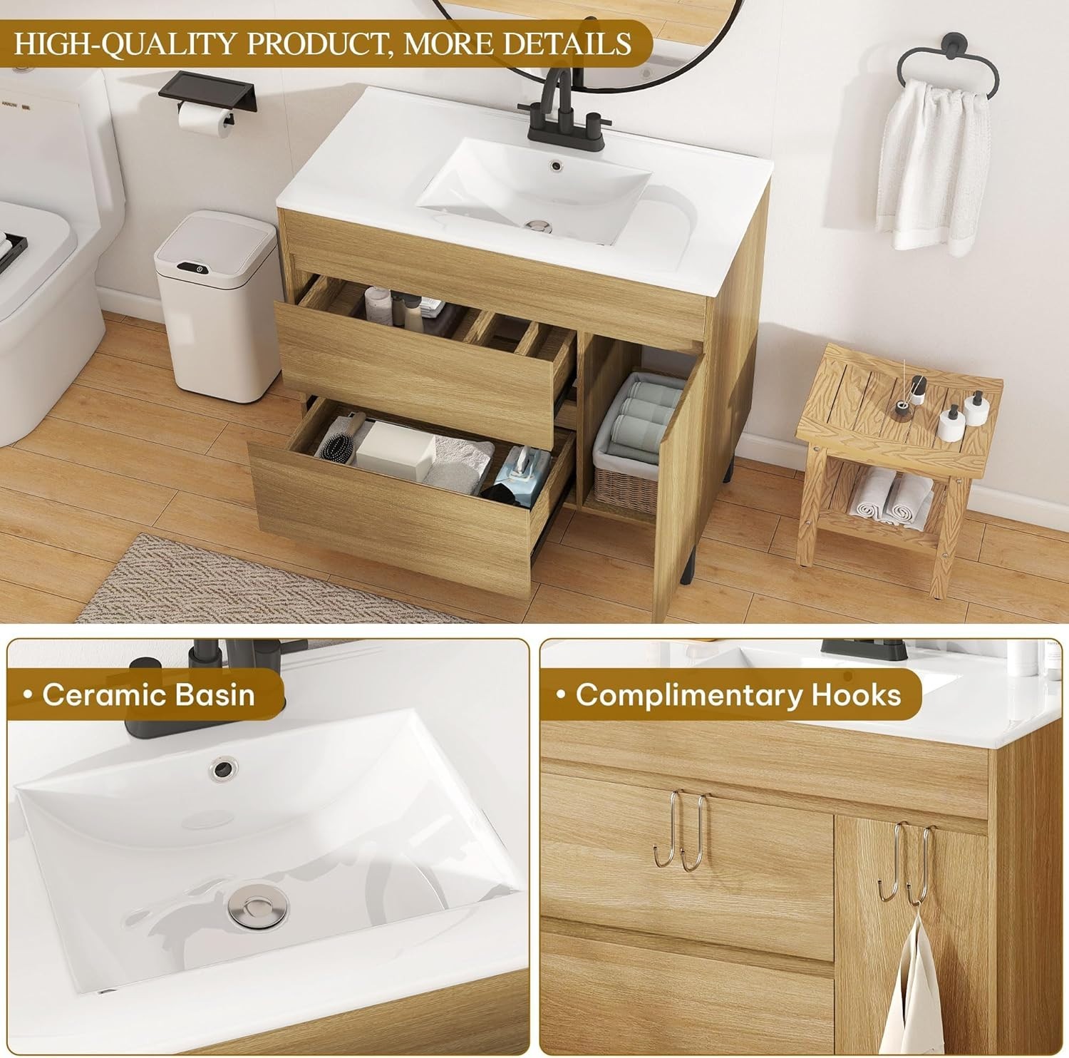 36 Inch Bathroom Vanity with Ceramic Sink, 1 Cabinet & 2 Drawers, Natural Brown