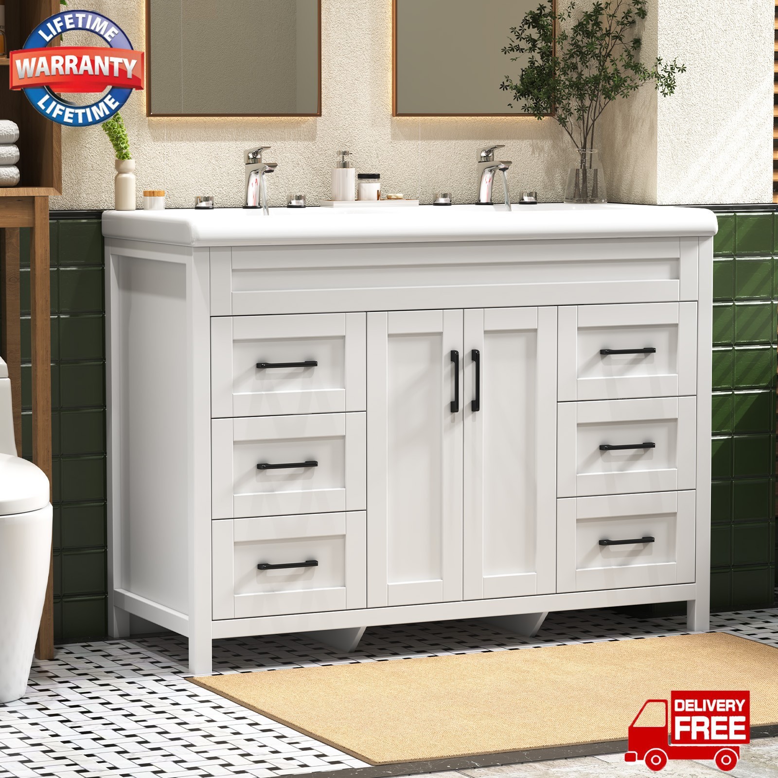 47.3″ Bathroom Vanity Double Sink Ceramic Freestanding Cabinet Storage+4 Drawers