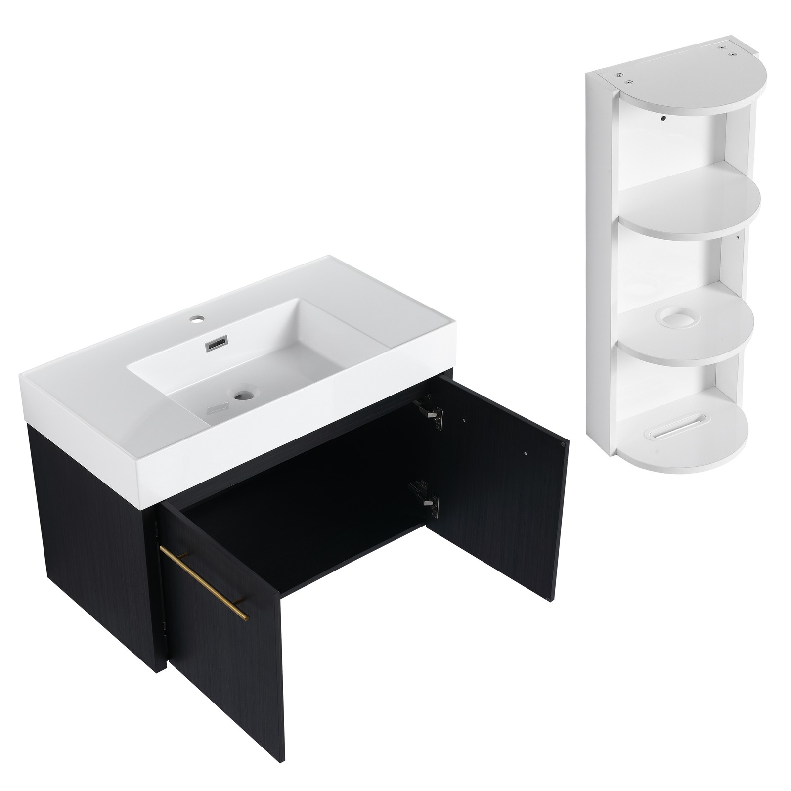 36 Inch Plywood Wall-Mounted Bathroom Vanity with Resin Sink + Side Storage Rack
