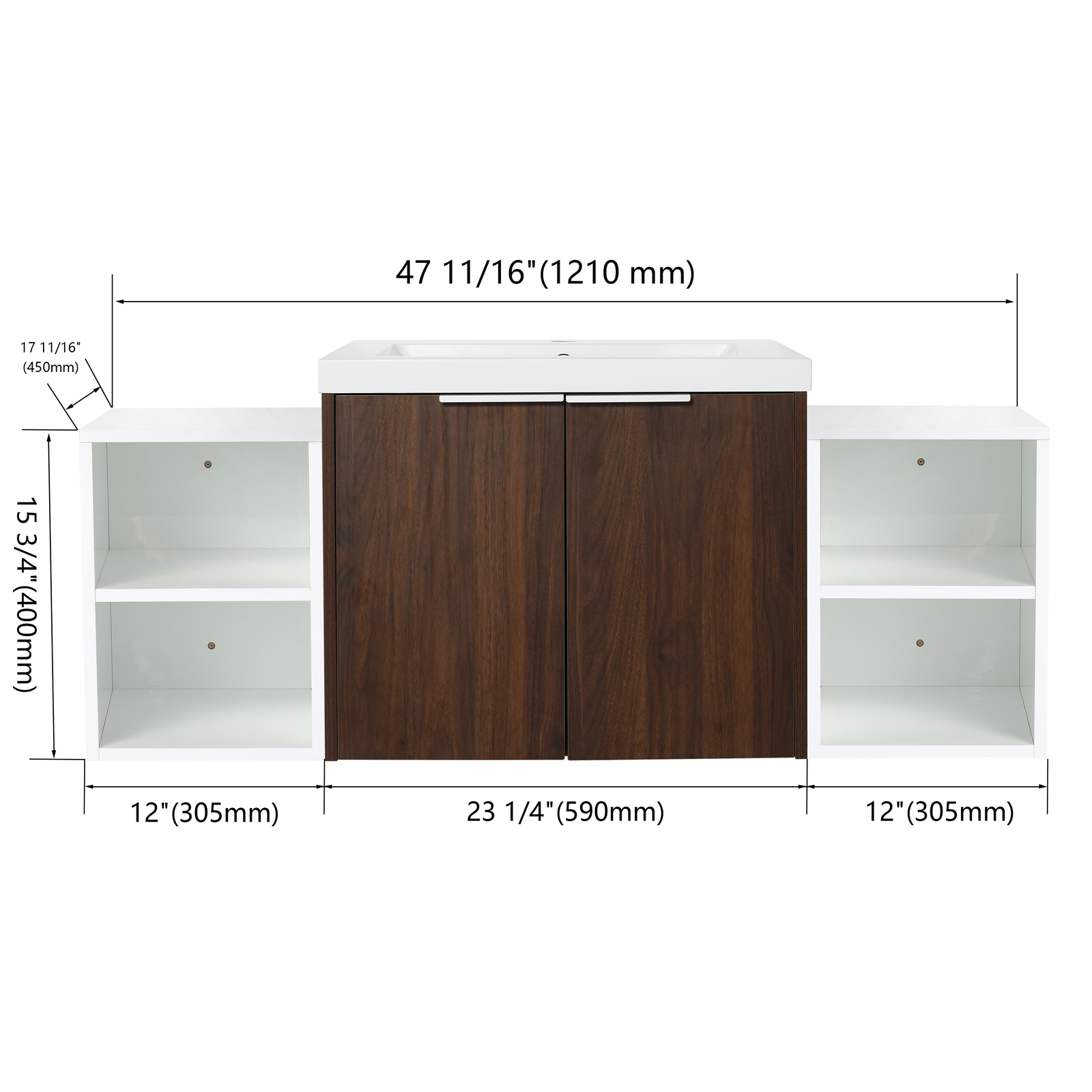 24″Bathroom Vanity Cabinet With Resin Sink + Two 12″Small Storage Shelves Walnut