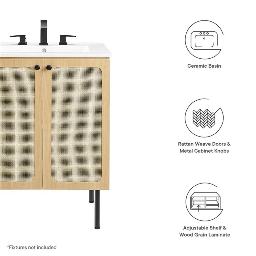 Pemberly Row Contemporary 24″ Wood & Rattan Bathroom Vanity in Oak/White