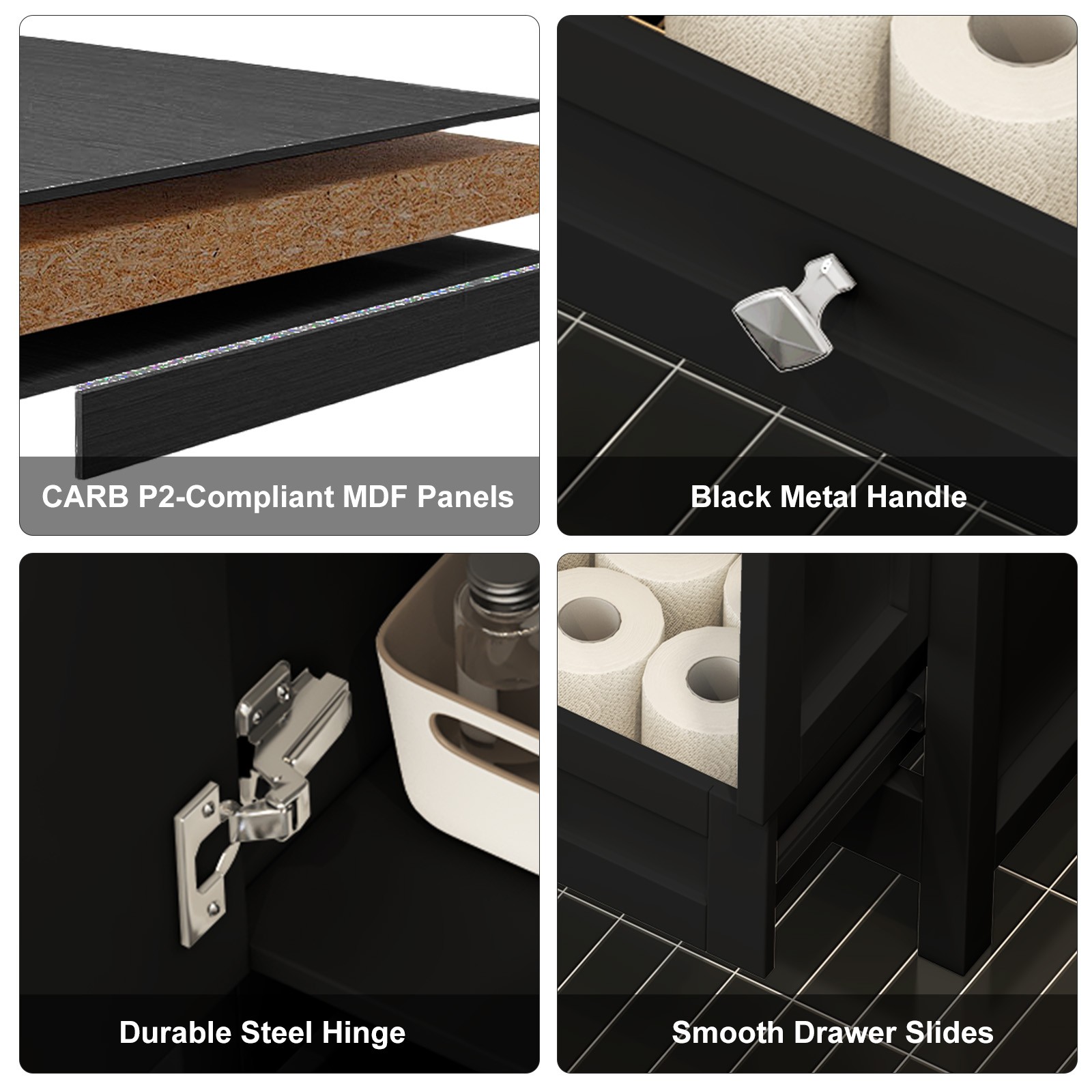 47” Double Bathroom Vanity Cabinet Ceramic Sink + Cabinet + 5 Drawers Black