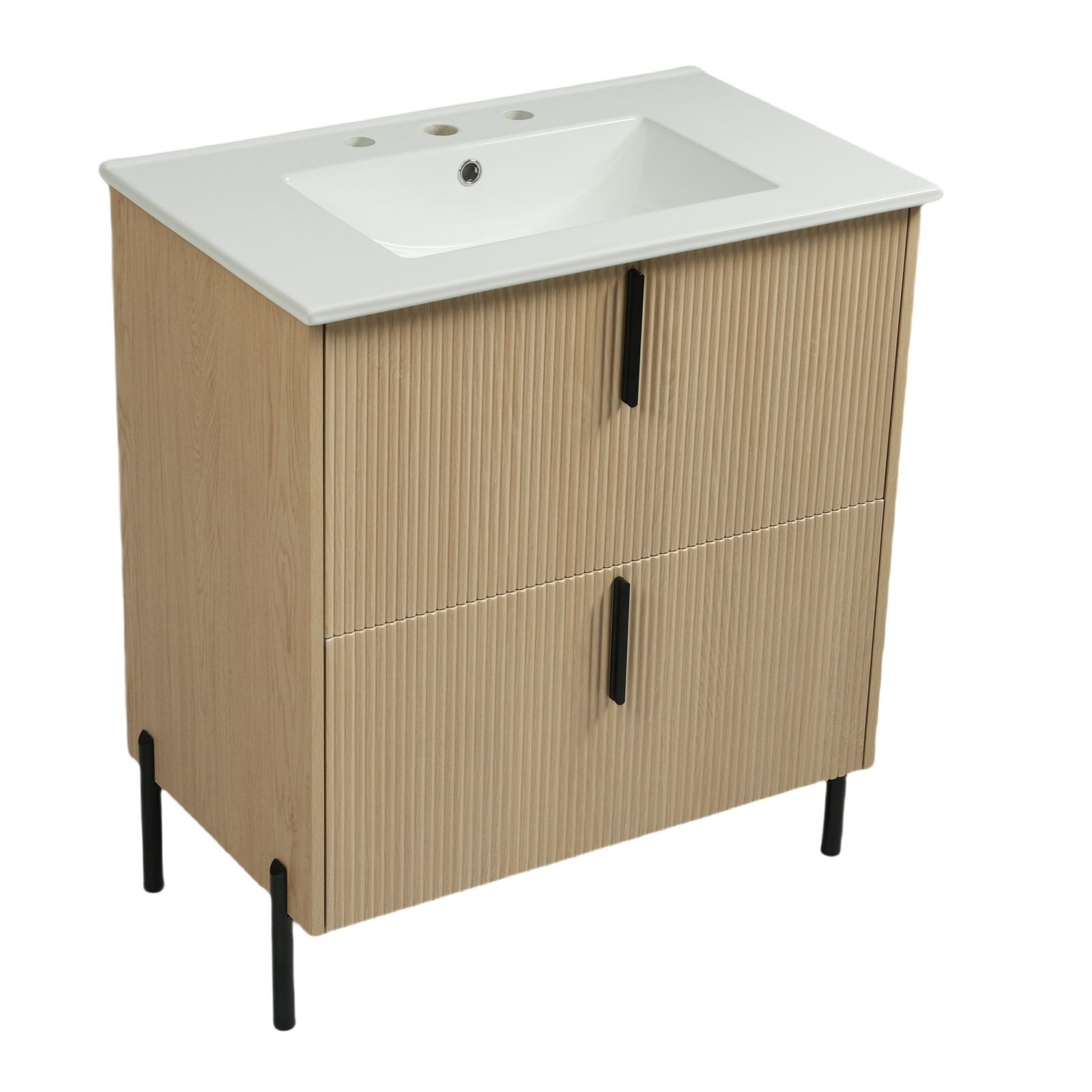 30″ Bathroom Vanity with Ceramic Sink, Soft Close Drawers, Fluted
