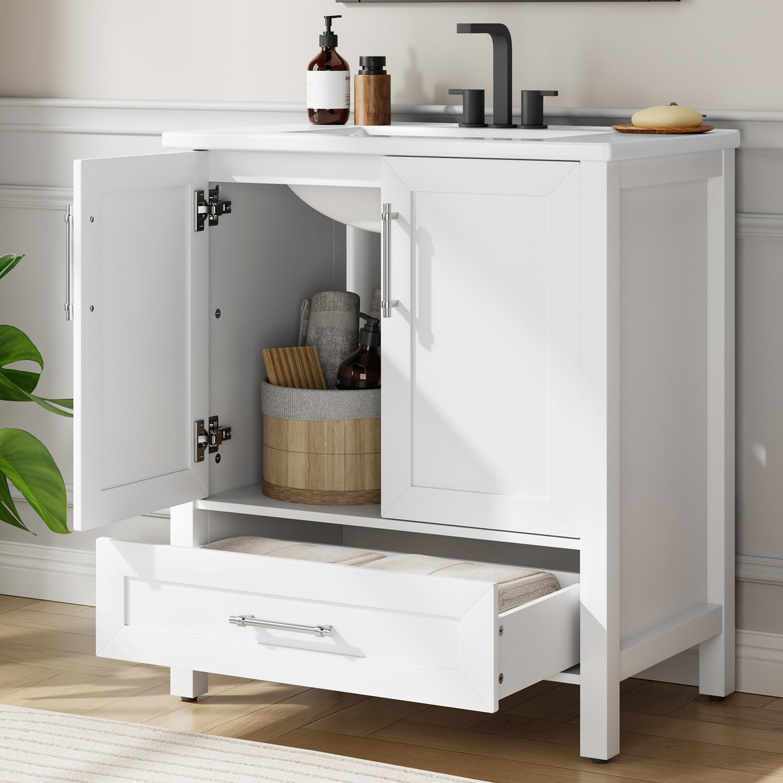 Farmhouse Bathroom Sink Cabinet Freestanding, Storage Vanity w/ Soft-Close Door