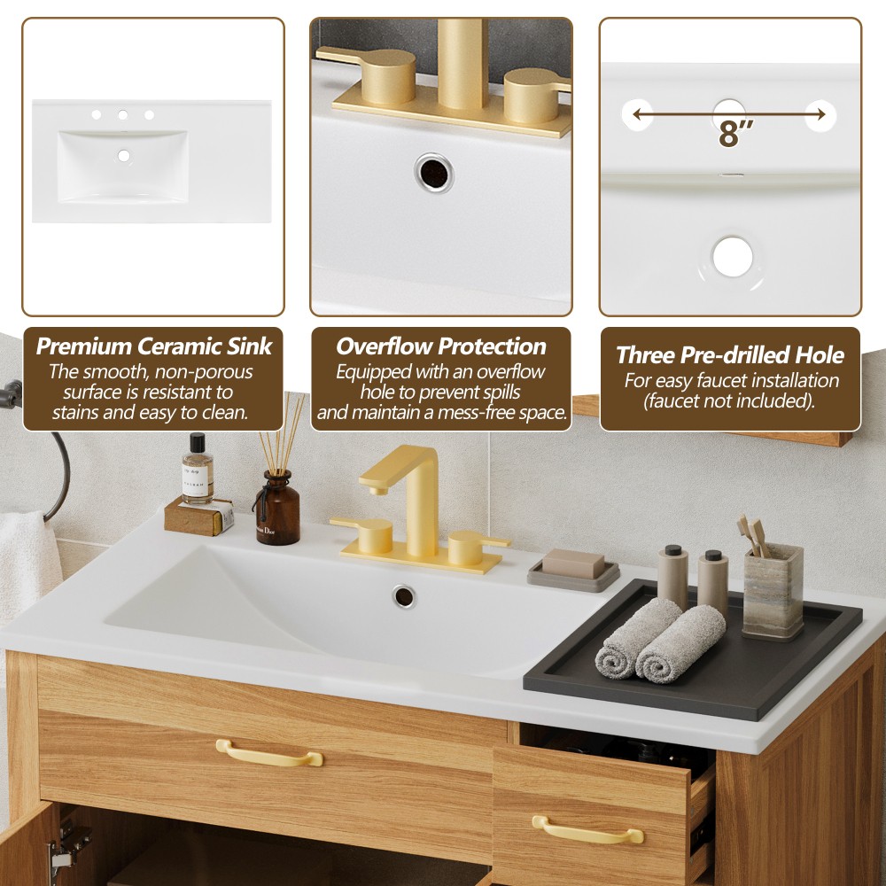 36 Inch Wood Bathroom Vanity with Ceramic Sink, Soft Close Doors & Drawers