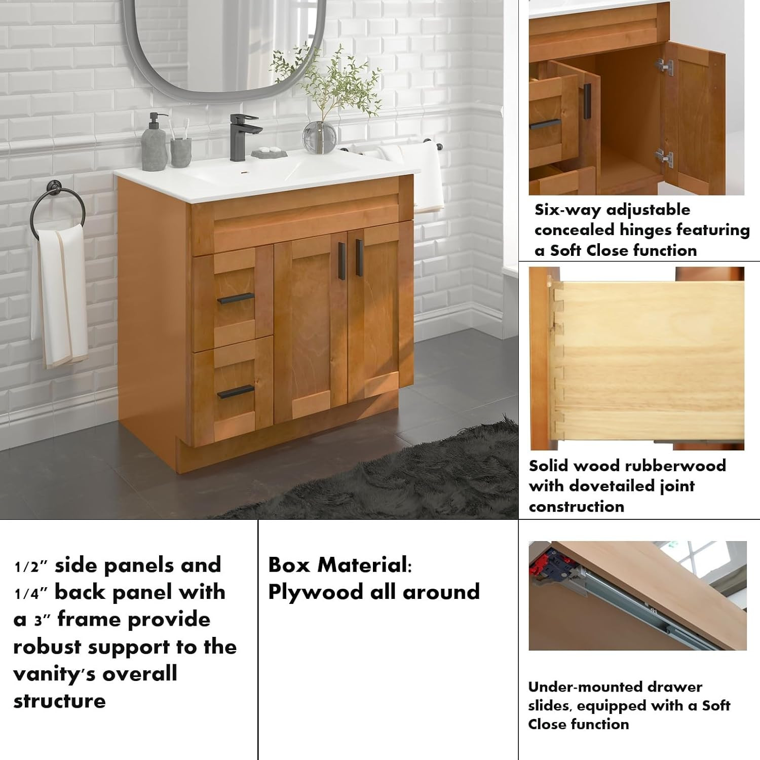 36″ Maple Shaker Sink Base Bathroom Vanity with Drawers – Easy Assembly