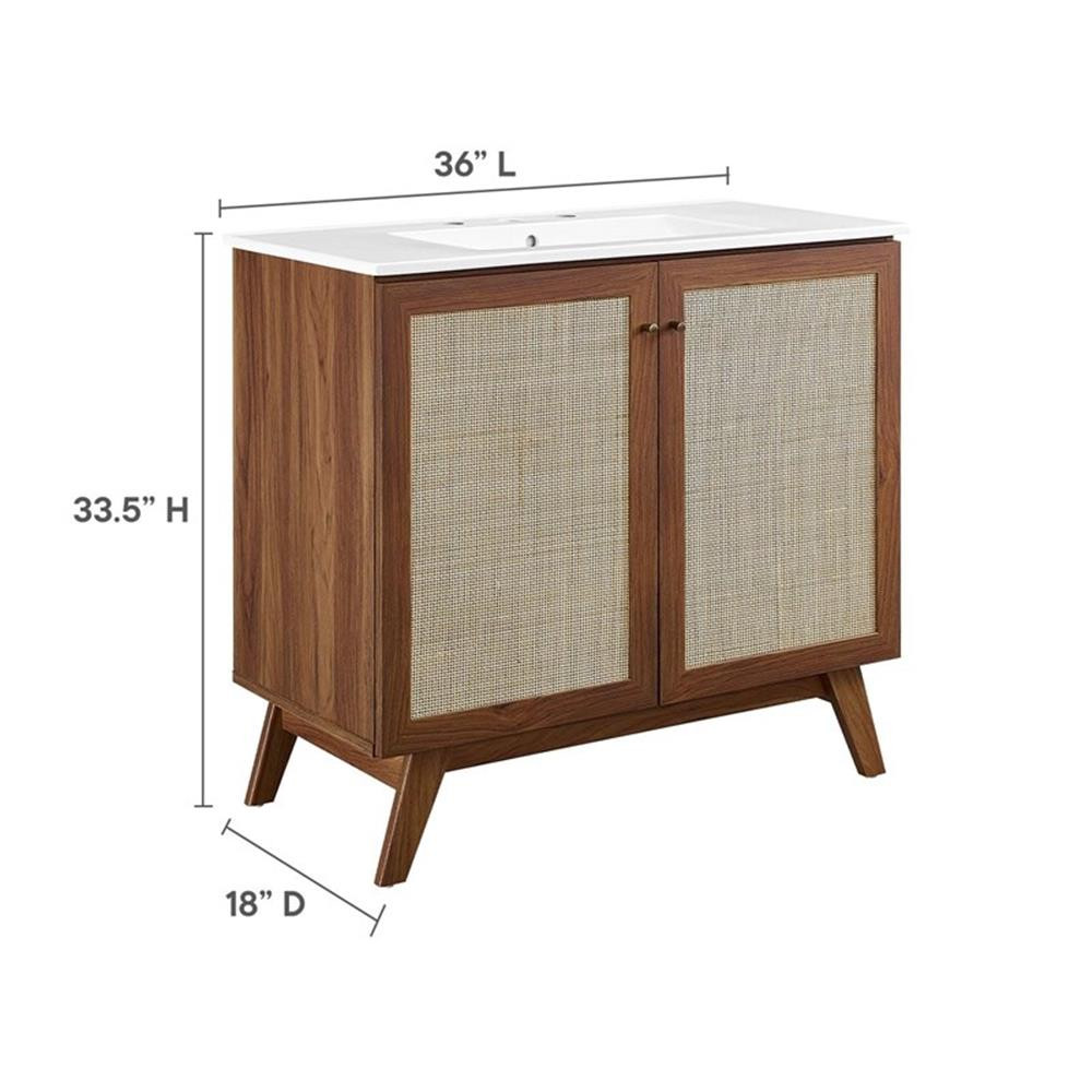 Modway Soma 36″ Modern Wood Bathroom Vanity with Rattan Door in Walnut/White