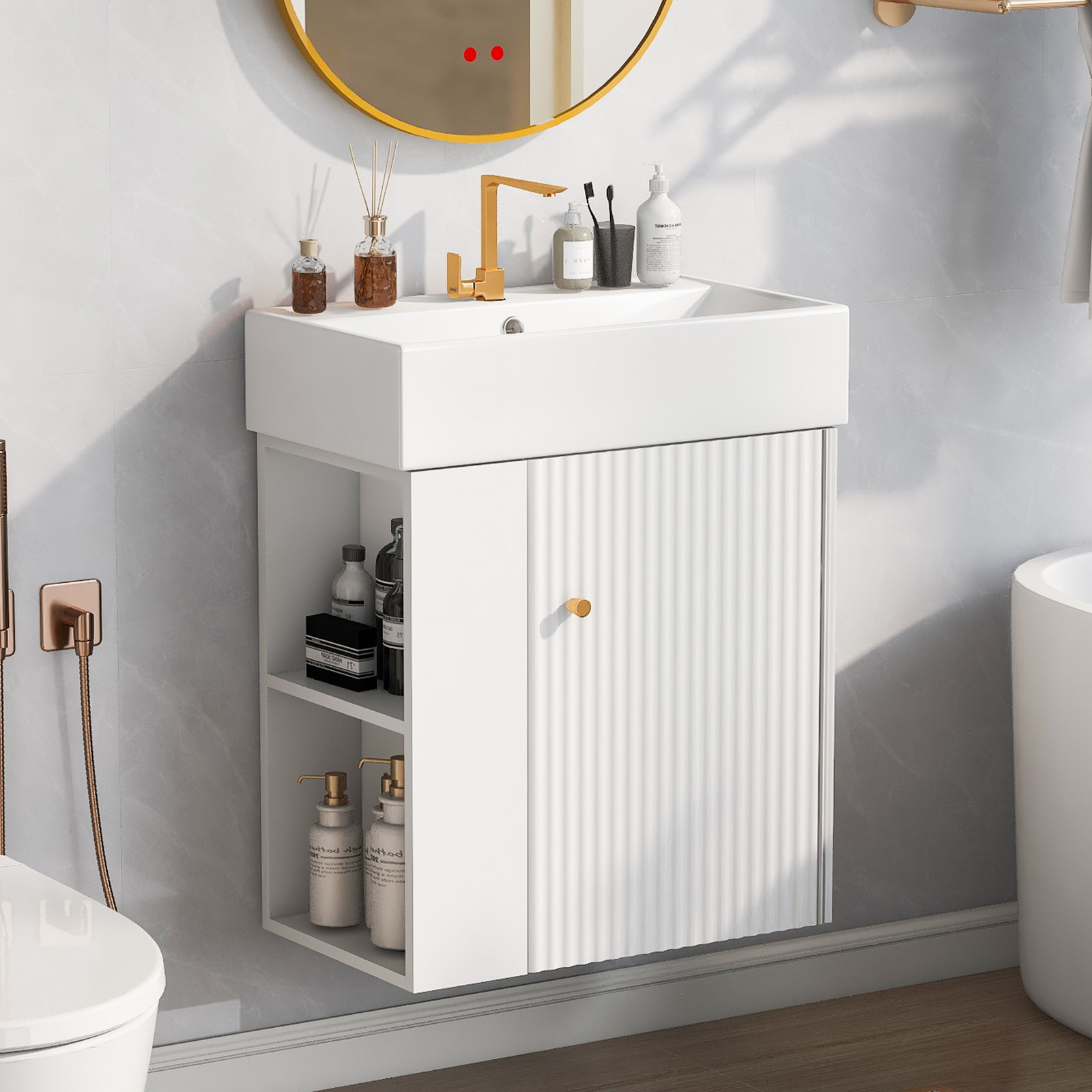 21.6inch Modern Floating Bathroom Vanity with Ceramic Basin Left side storage