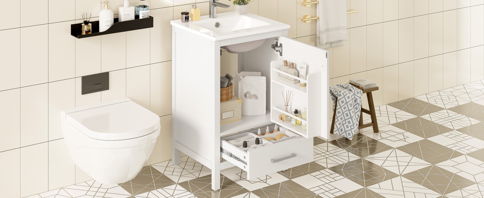 20-Inch Modern Bathroom Vanity with Ceramic Sink & Soft-Close Drawer