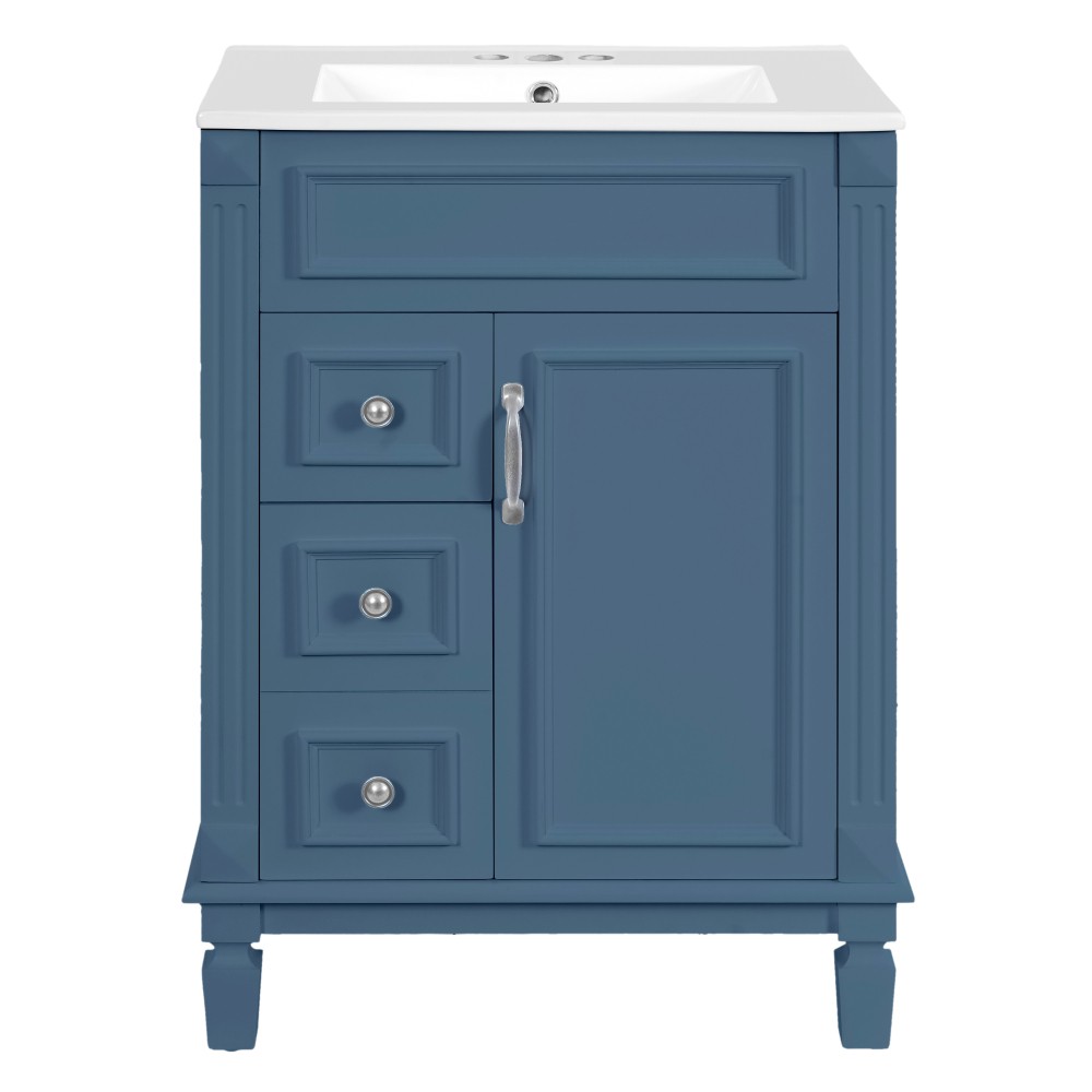24 Inch Modern Blue Bathroom Vanity with Ceramic Sink Solid Wood MDF Cabinet