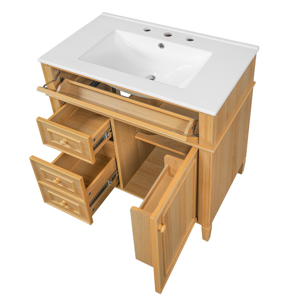 30″ Bathroom Vanity w/Ceramic Sink, Freestanding Bath Vanity Cabinet, 3 Drawers