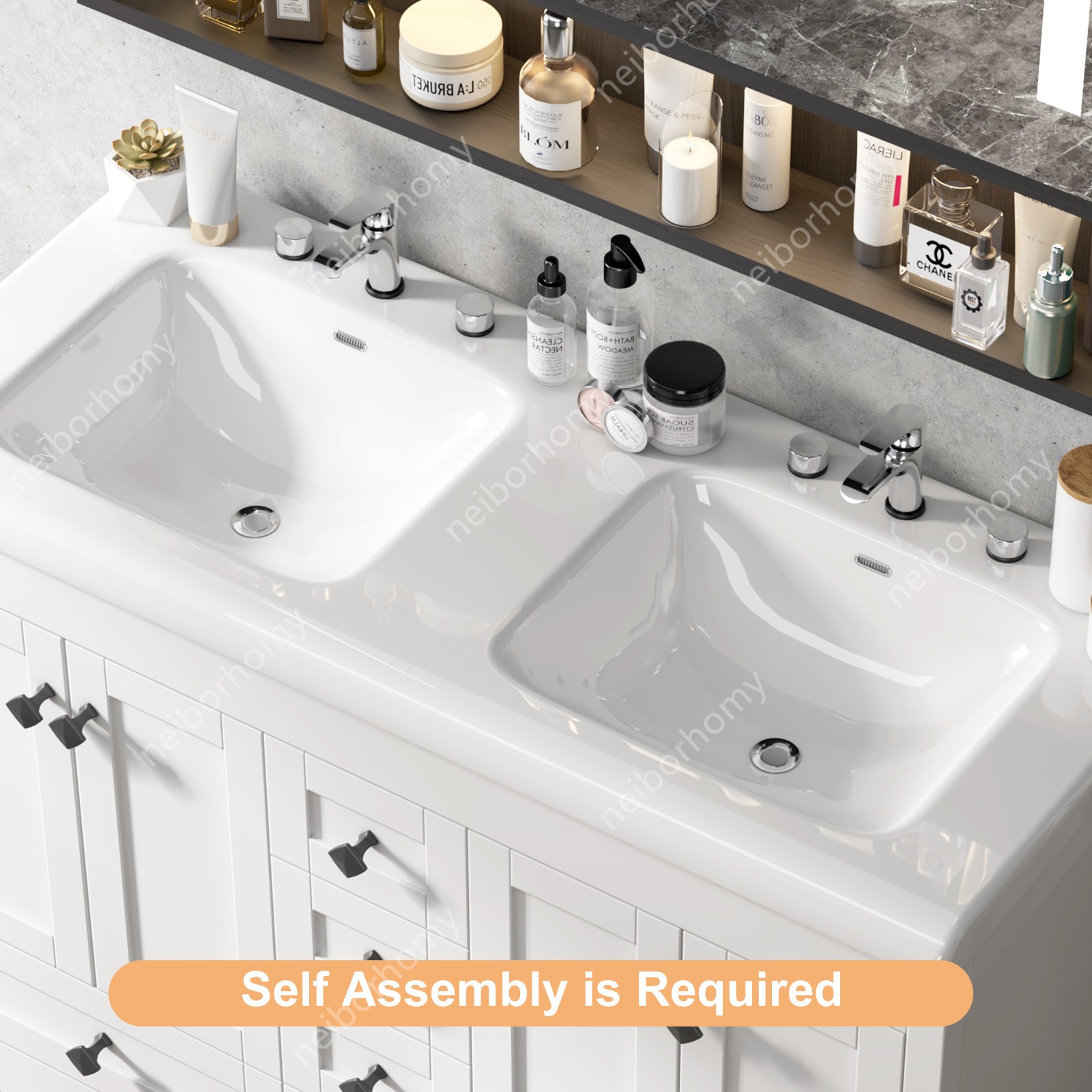 47″ Bathroom Vanity Double Sink Ceramic Freestanding Cabinet 5 Drawers,White