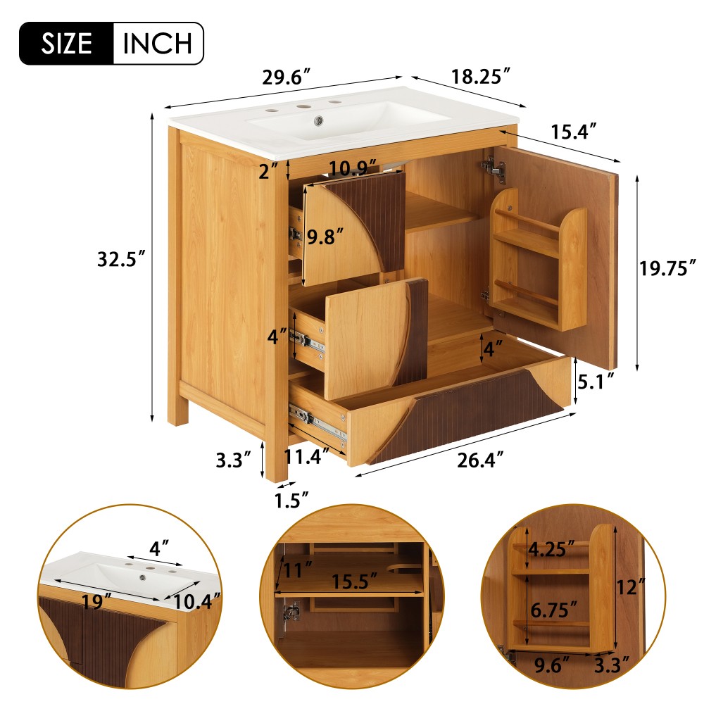 30 Inch Mid Century Freestanding Bathroom Vanity with Ceramic Sink Solid Wood