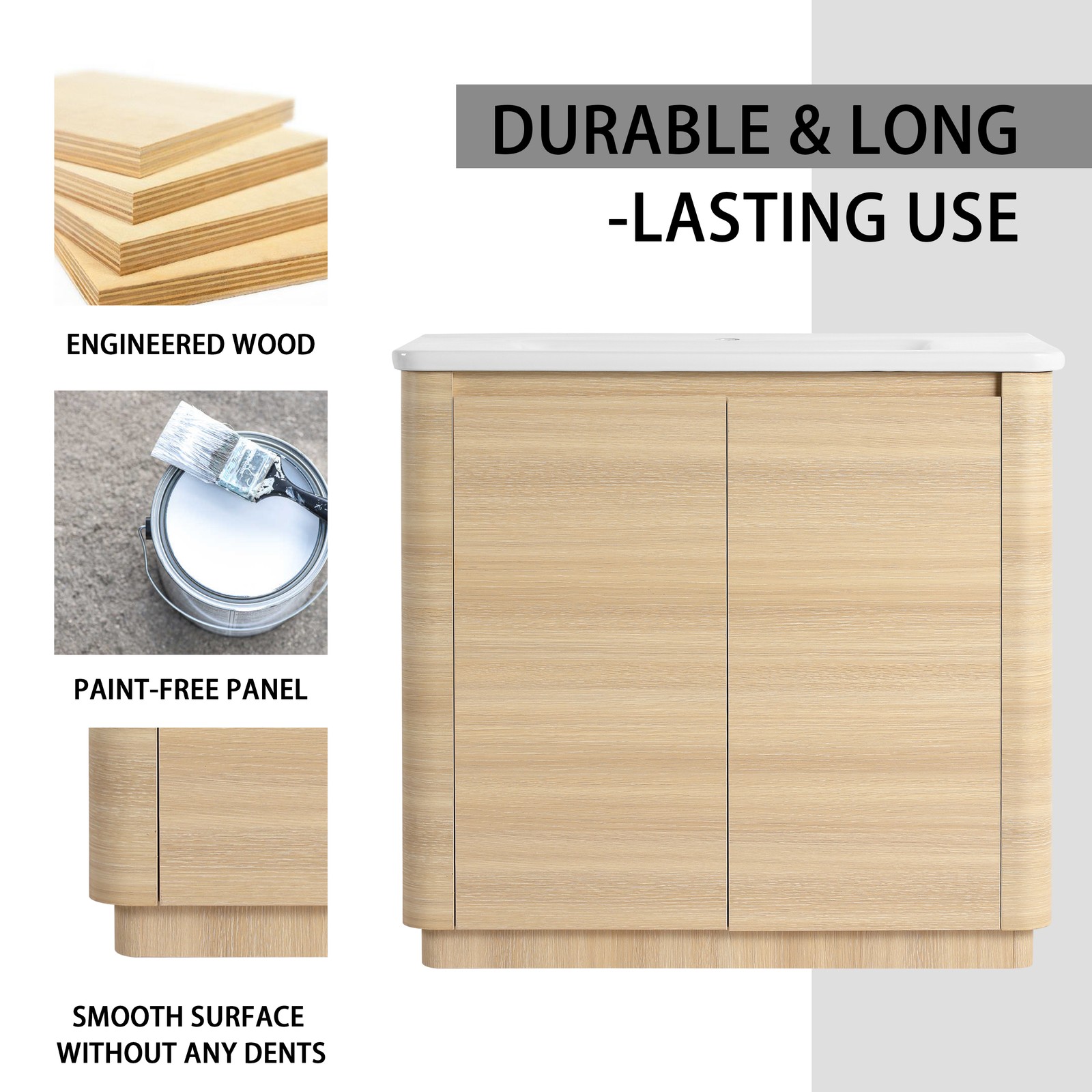 36” Plywood Freestanding Bathroom Vanity W/White Ceramic Sink 2 Doors Oak Color