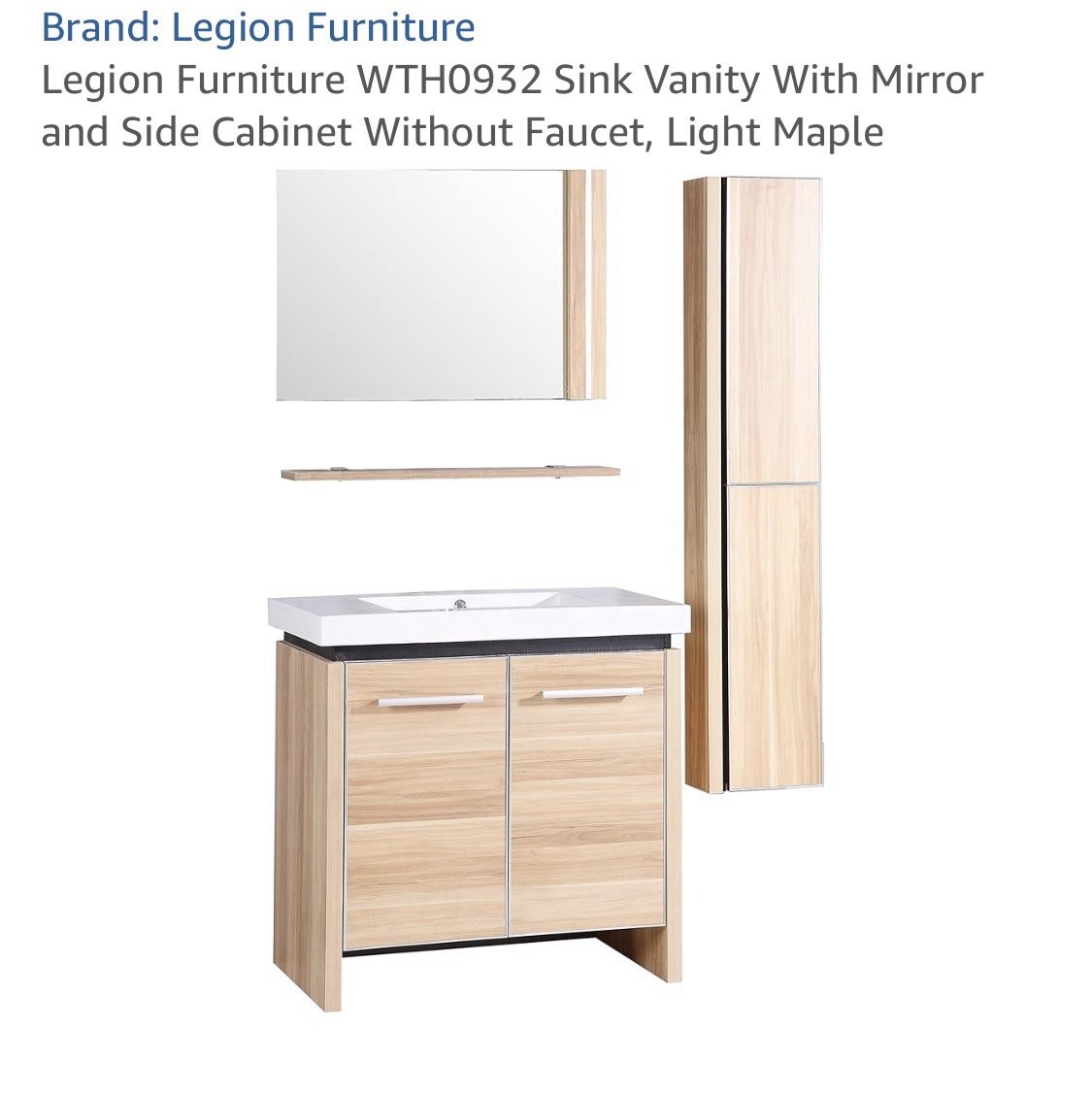 LEGION FURNITURE WTH0932 SINK VANITY W MIRROR SIDE CABINET LIGHT MAPLE