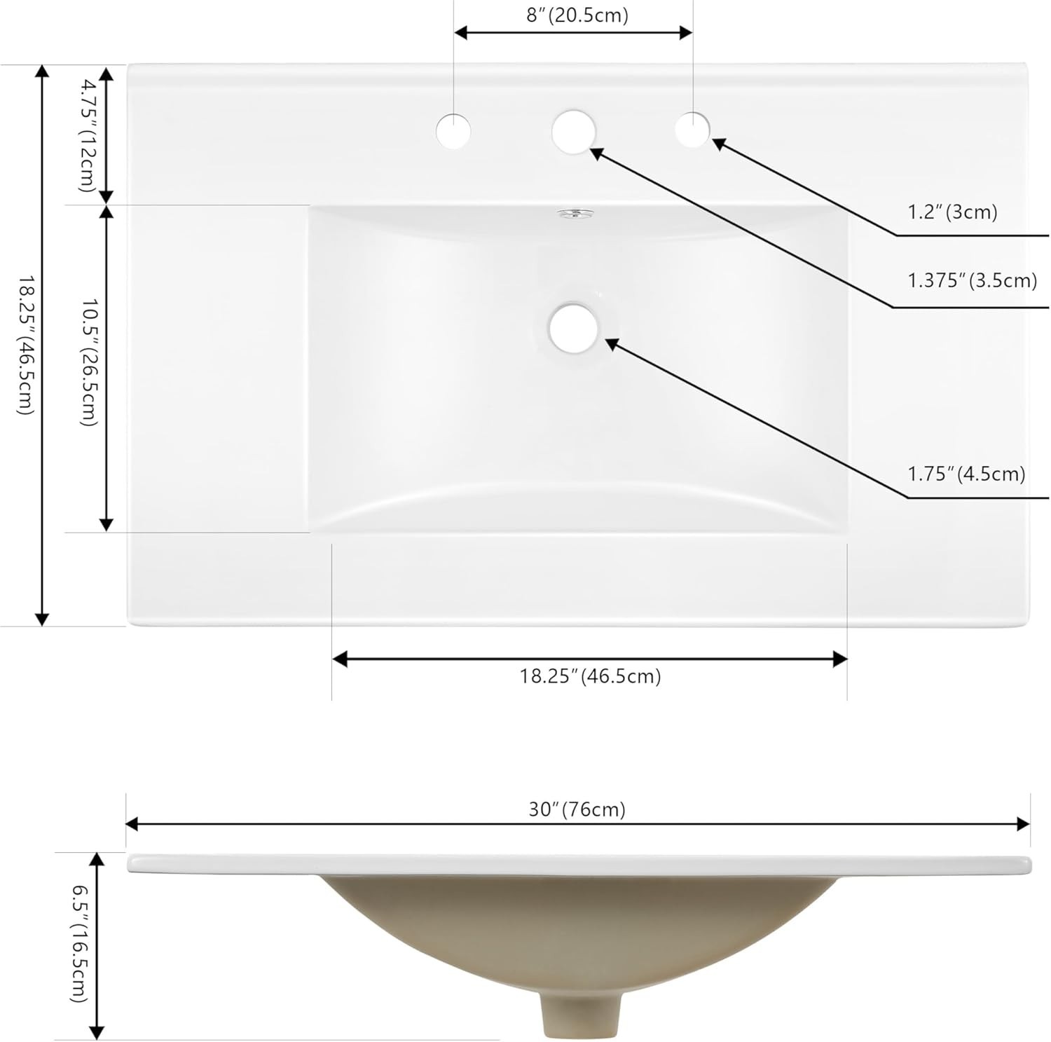 Classic 30″ Ceramic Vanity Sink Top – Rectangular 3-Hole Design for Elegance