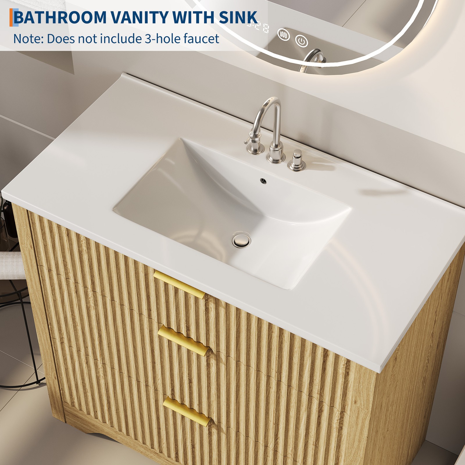 36” Fluted Bathroom Vanity Modern Freestanding Cabinet with Sink & 3 Drawers