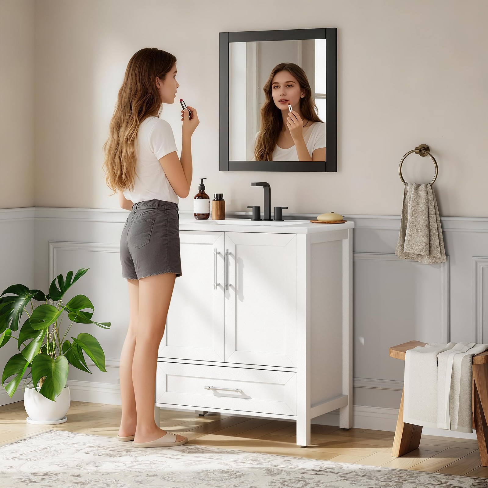 Farmhouse Bathroom Sink Cabinet Freestanding, Storage Vanity w/ Soft-Close Door