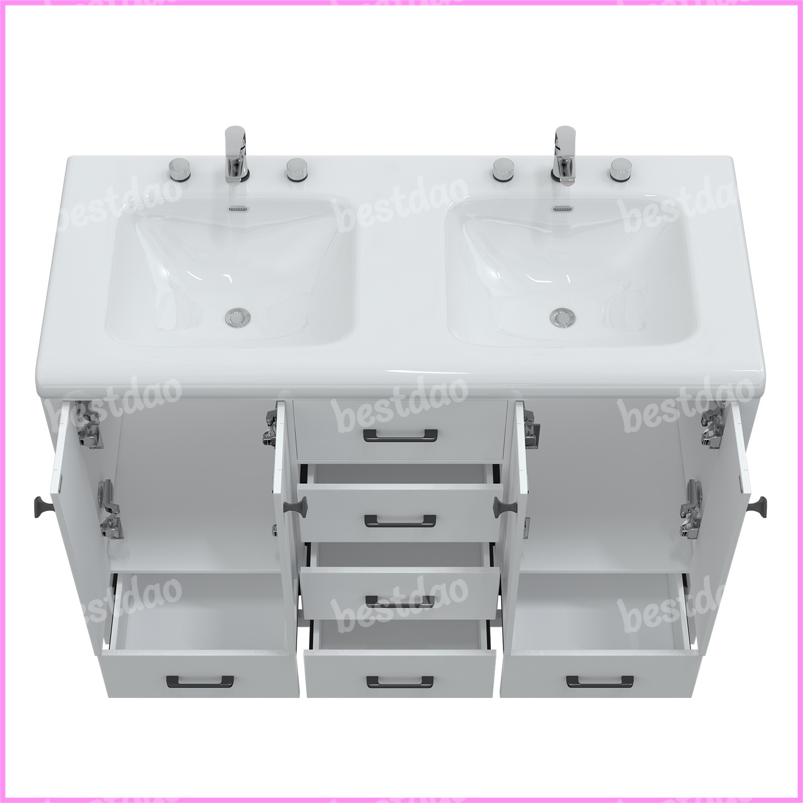 White 47″ Bathroom Vanity Storage Cabinet with Double Ceramic Sink Freestanding