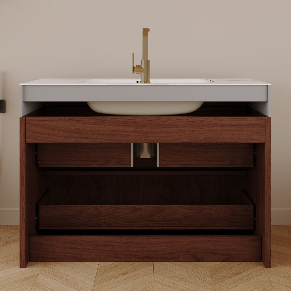 30″ Walnut Wall Mount Floating Bathroom Vanity Sintered Stone Top Ceramic Sink