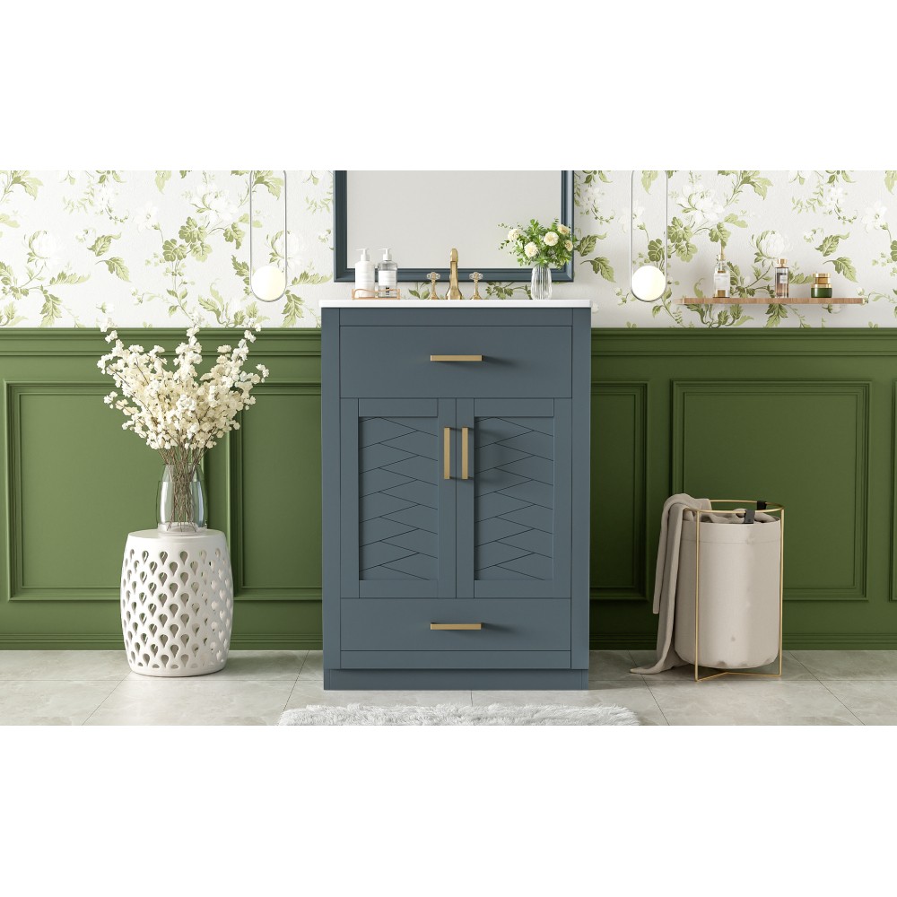 24in Bathroom Vanity Integrated Ceramic Sink 2 Doors 1 Tip-out Drawe