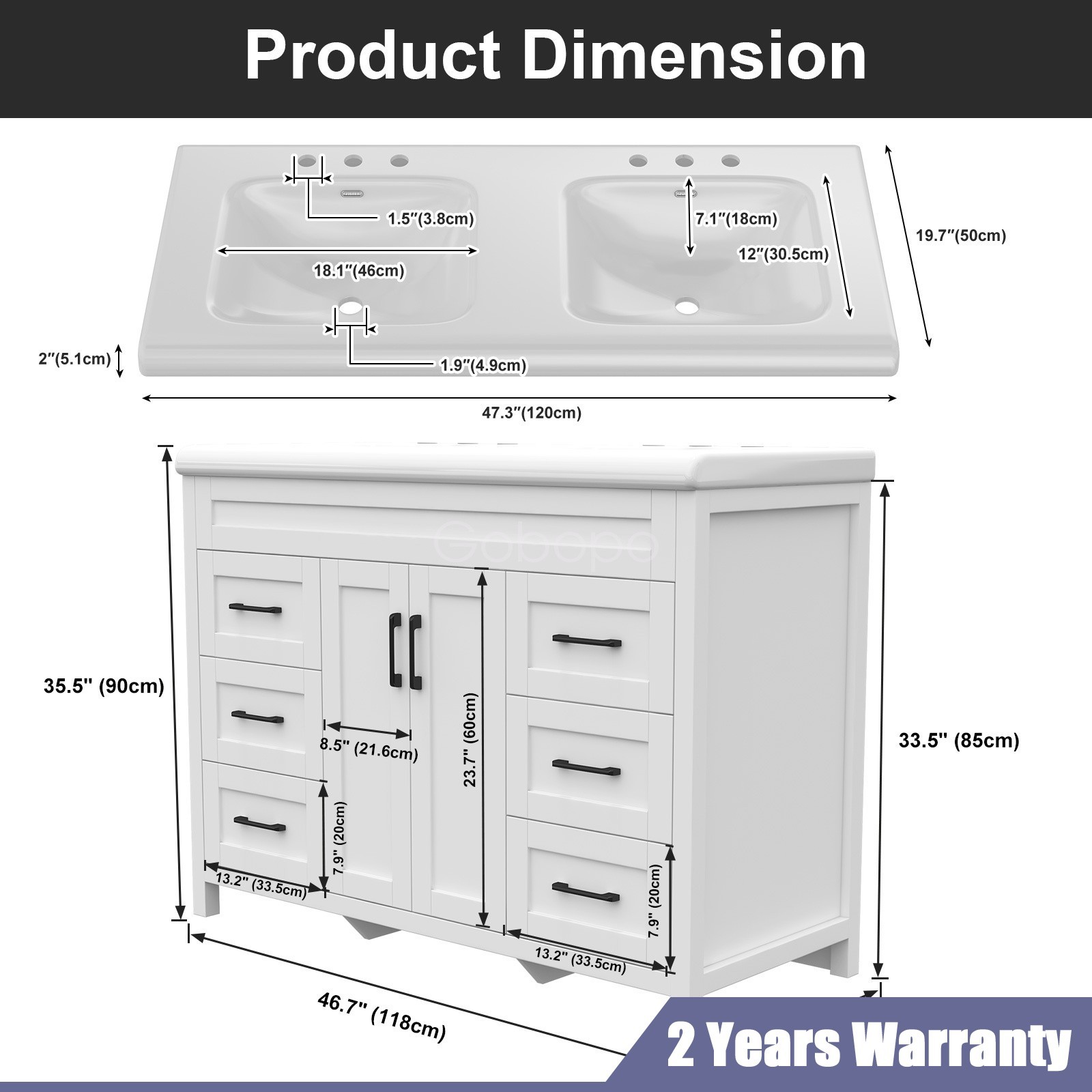 47″ Bathroom Double Sink Vanity Cabinet Ceramic W/ Double Sink Cabinet White