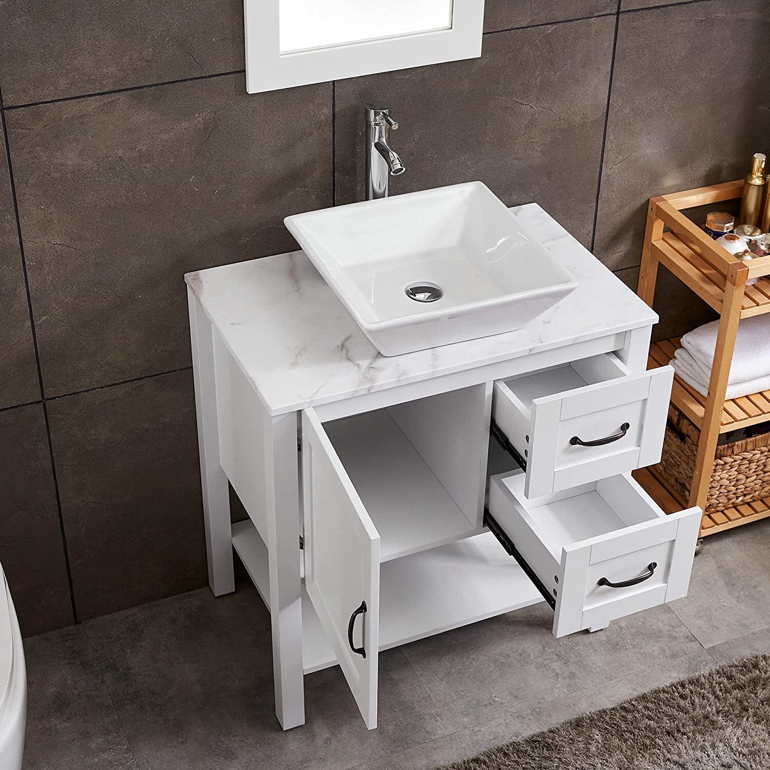 Goodyo 30″ Bathroom Vanity Sink Combo, Modern White Cabinet with Faucet, Mirror