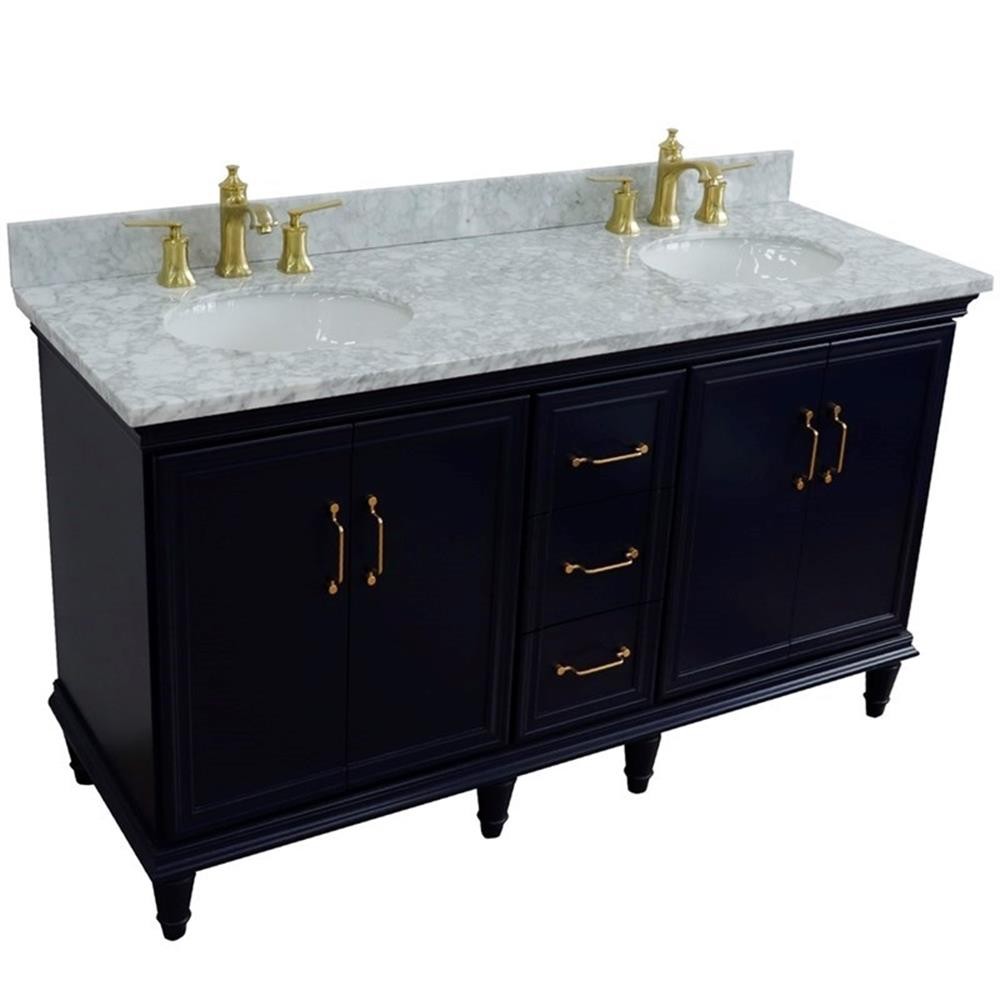61 in. Double Wooden Vanity Blue White Carrara Marble Oval Sink