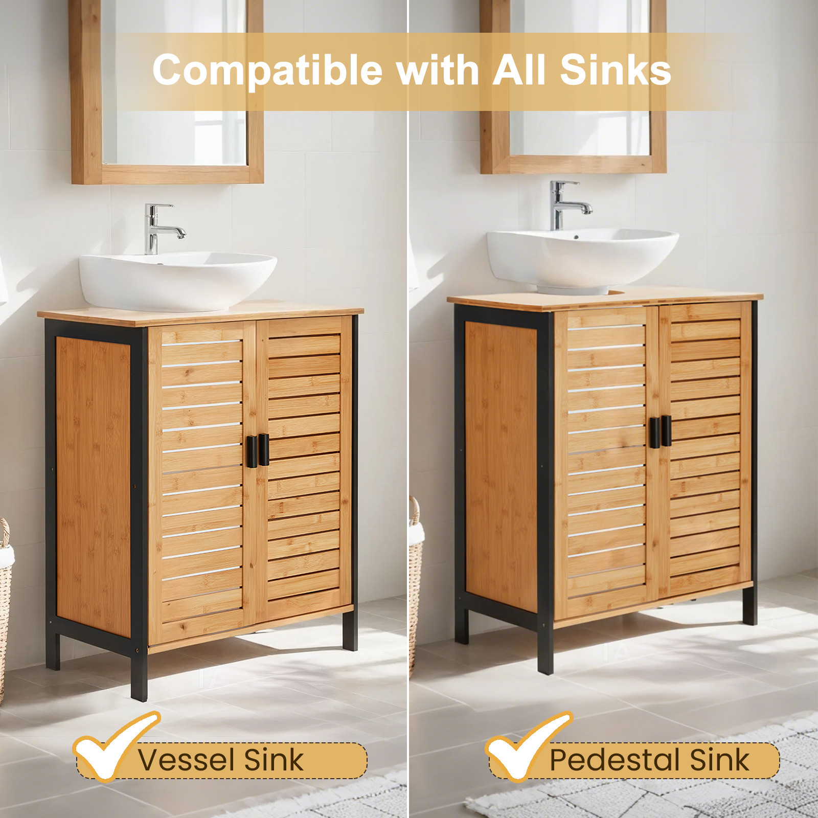 Danrelax 24″ Bamboo Under-Sink Vanity Cabinet Sliding Door & Adjustable Shelf