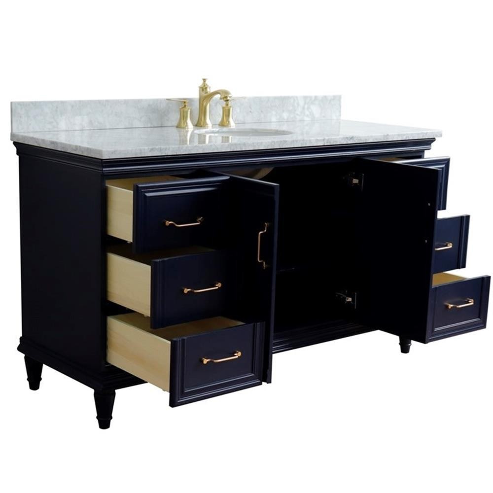 61 in. Single Wooden Vanity Blue White Carrara Marble Oval Sink
