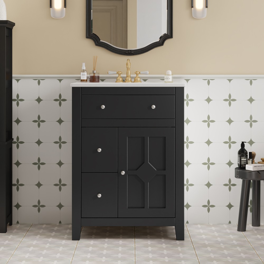 Bathroom Vanity with Ceramic Basin Features Two Drawers and Soft-Close Doors