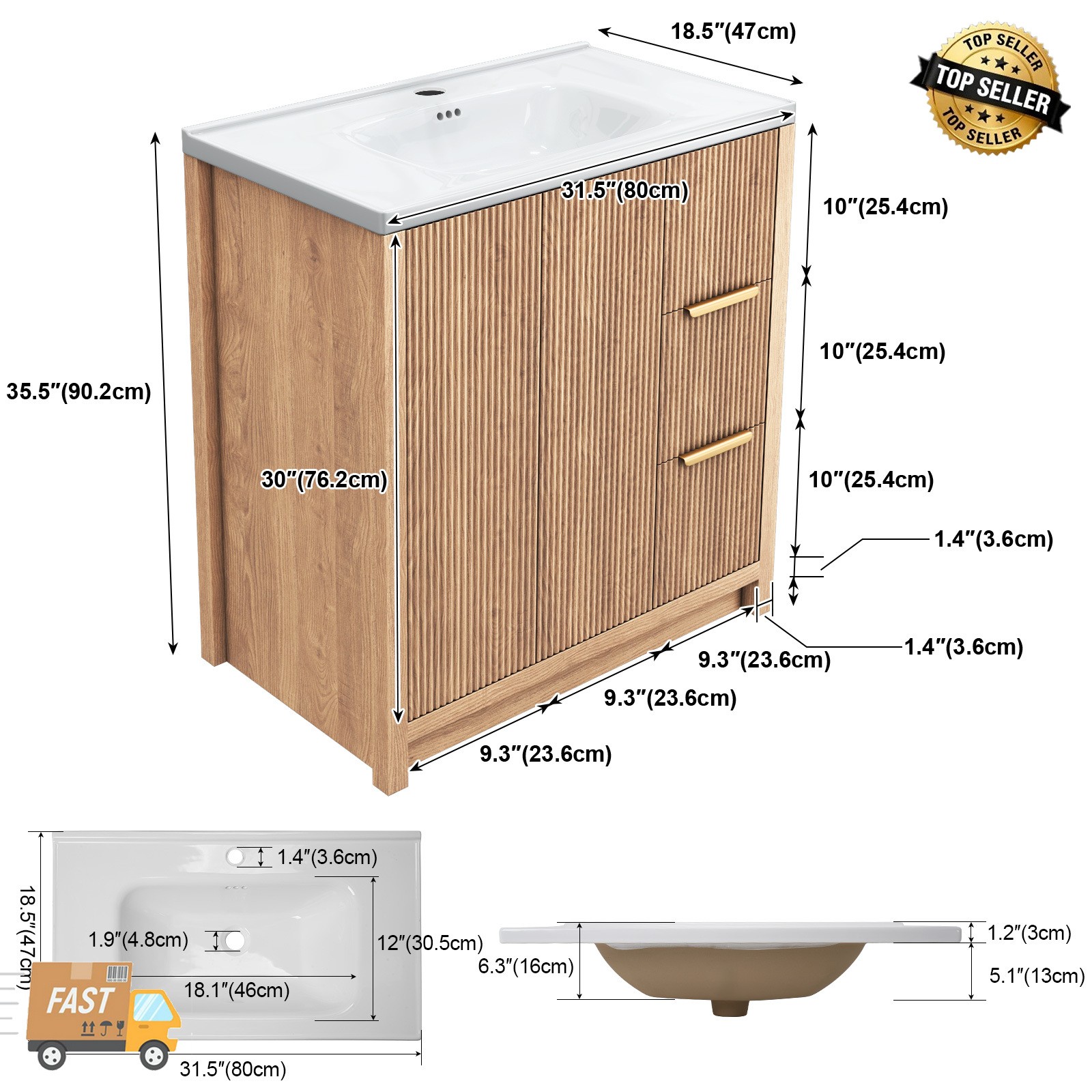 31 Inch Wooden Bathroom Vanity with Ceramic Sink Modern Bath Storage Cabinet