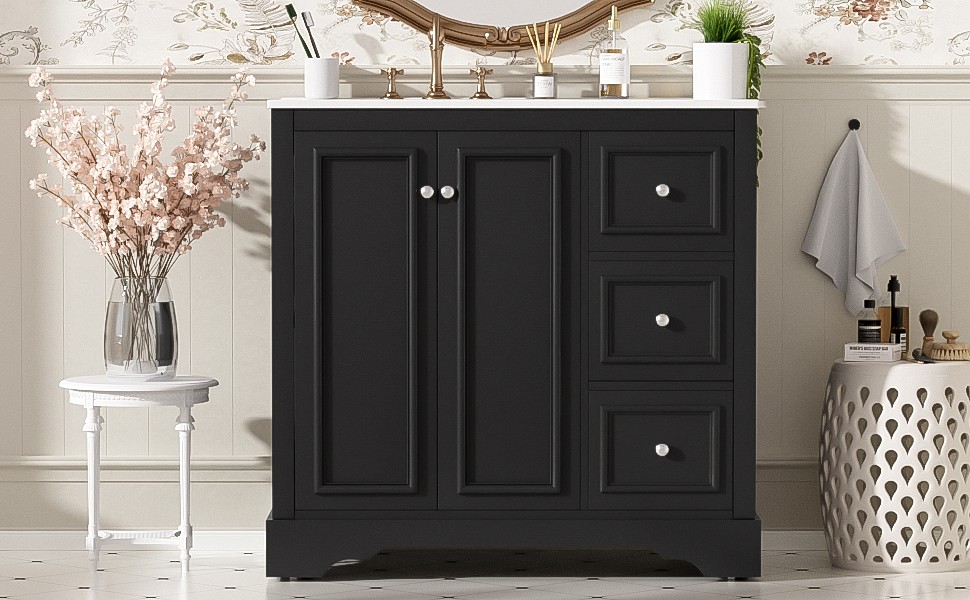36 Inch Transitional Bathroom Vanity with Ceramic Sink, Black