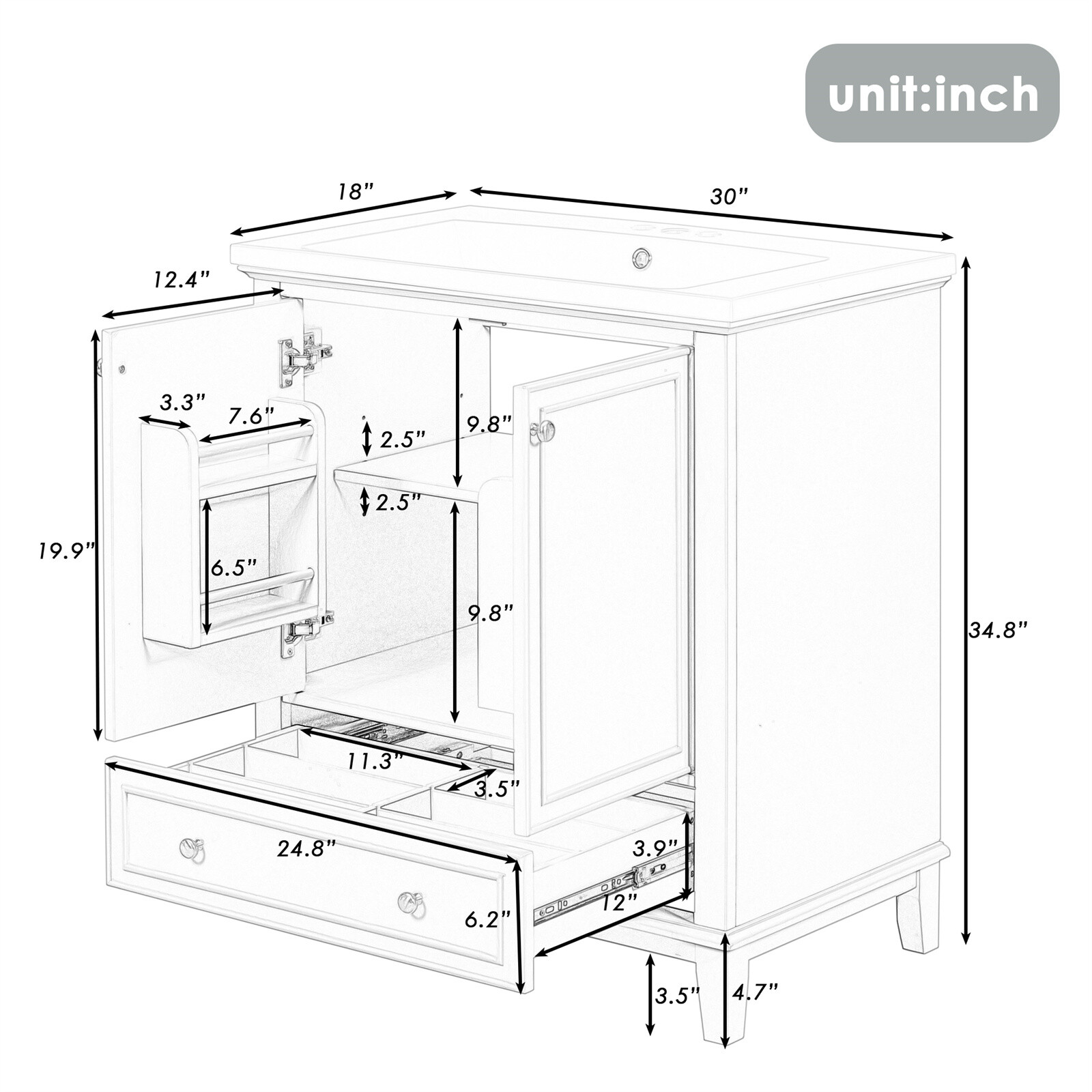 30″ Bathroom Vanity with Sink Storage Cabinet Set with Doors and Drawer