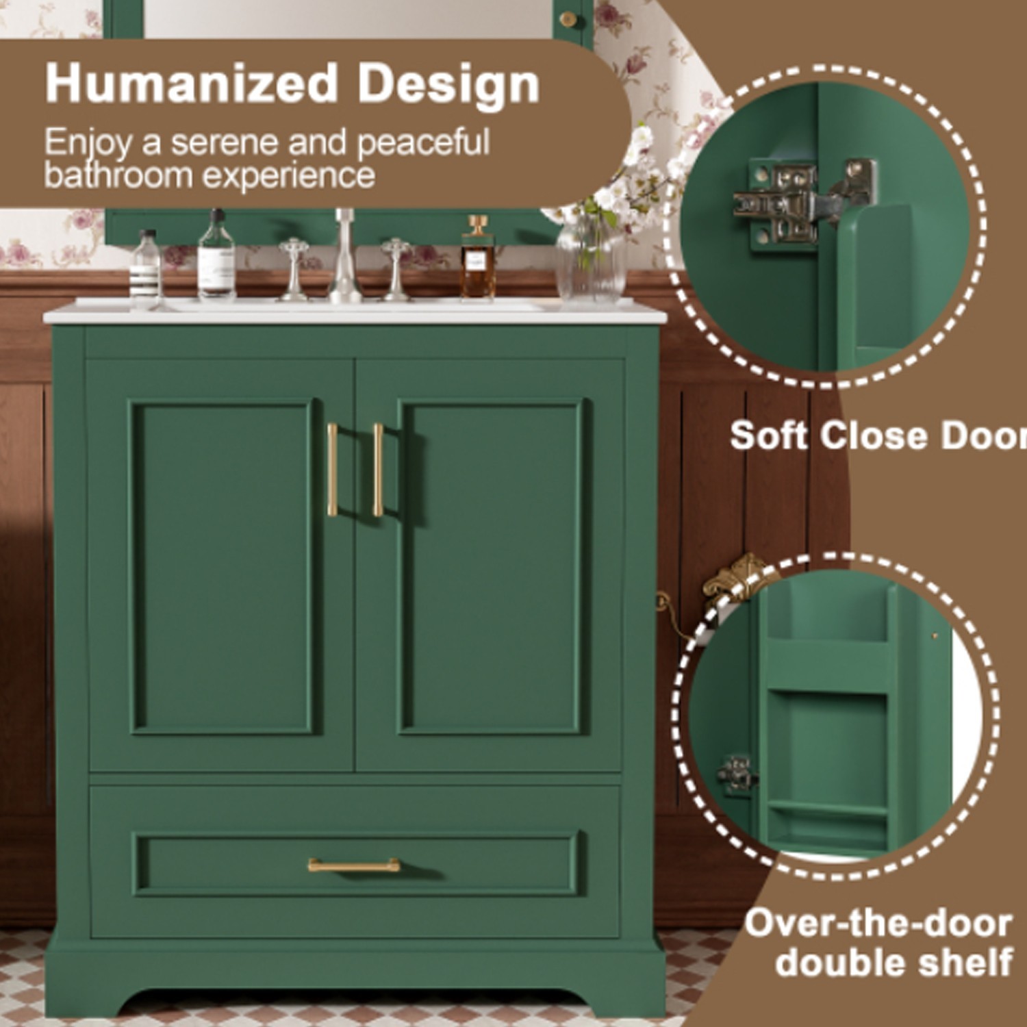 Solid Wood Green Bathroom Sink Vanity Modern Stylish 30 inches Bathroom Vanity