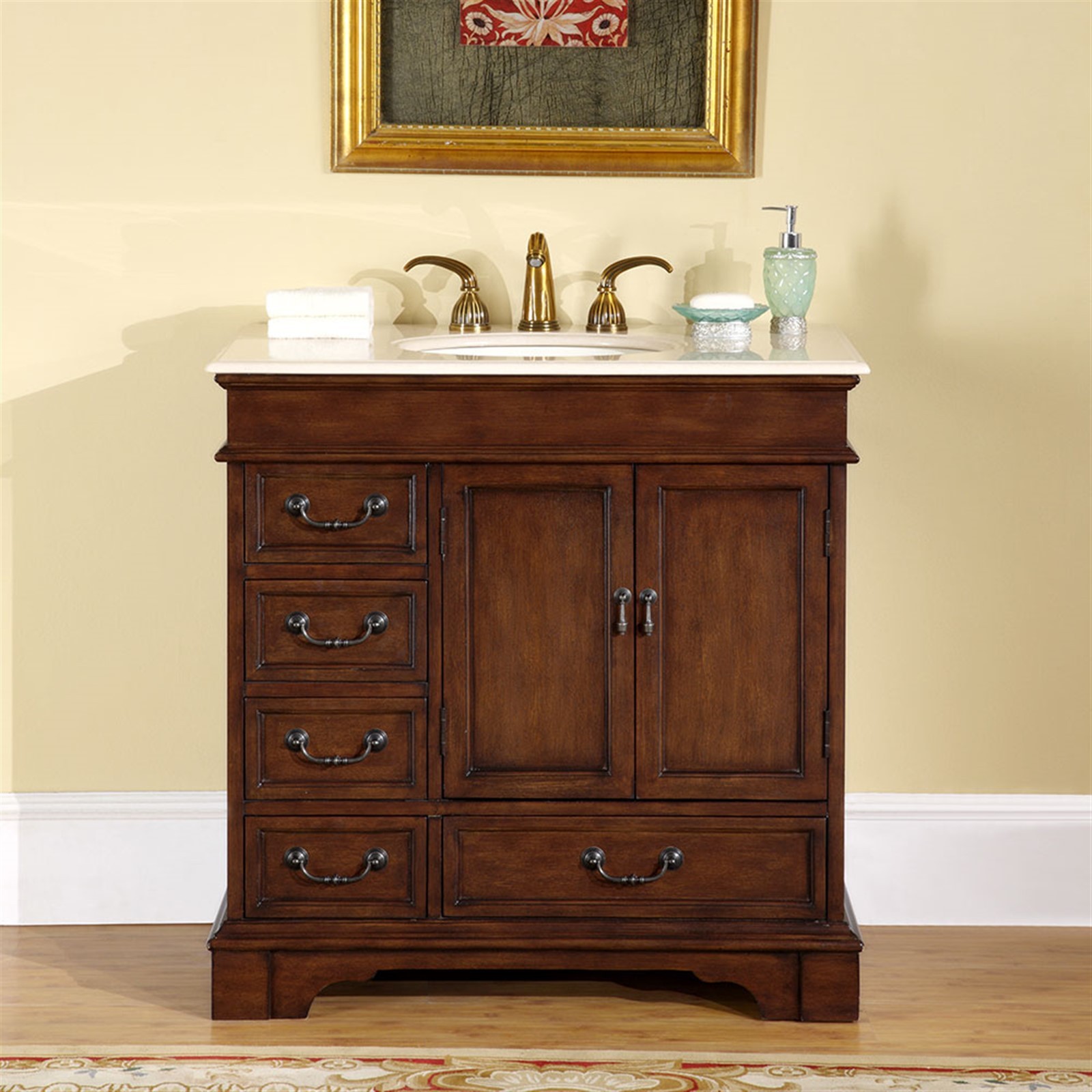 36-inch Creamy Marble Stone Top Single Bathroom Sink Vanity Bath Cabinet 0212CM