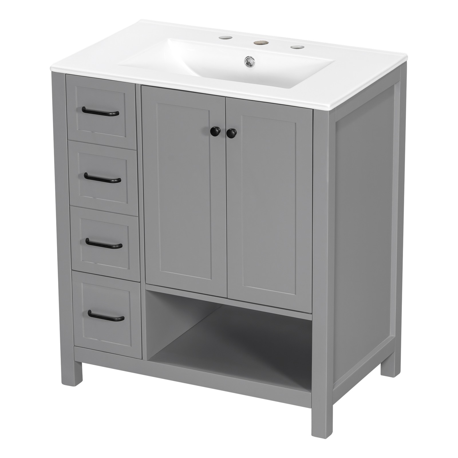 30″ Bathroom Vanity with Sink, 2 Doors & 2 Drawers, Solid Wood, Gray