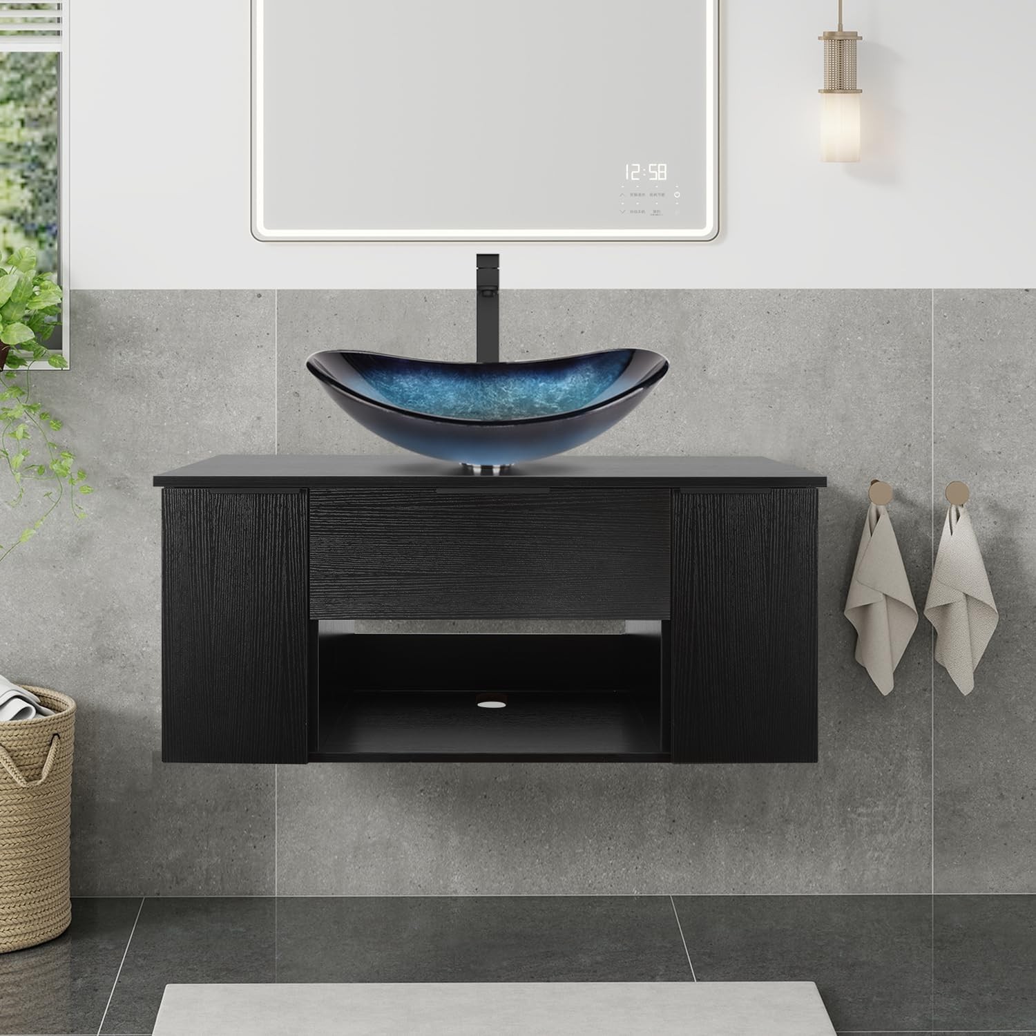 36 Inch Black Floating Bathroom Vanity W/ 2-Doors & 1-Drawer