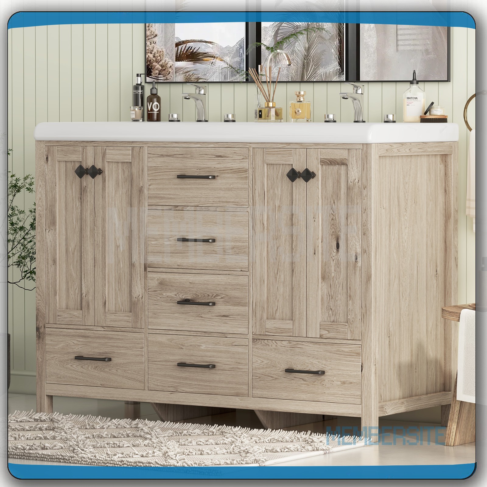 Bathroom Vanity ,47.3″ Vanity Top w/2 Ceramic Sinks ,5 Drawers Freestanding NEW