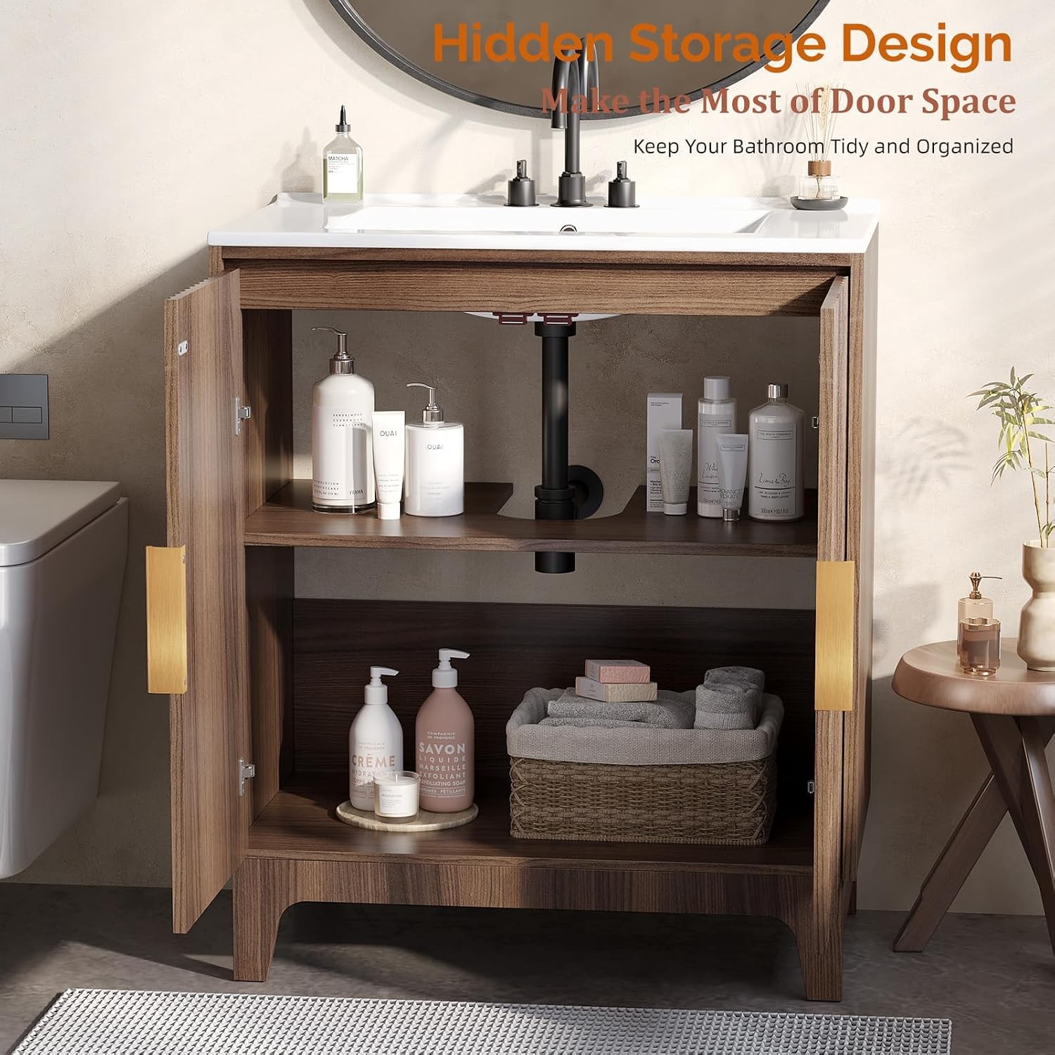 30 Inch Bathroom Vanity with Sink Mid-Century Modern Vanity with Ceramic Basin